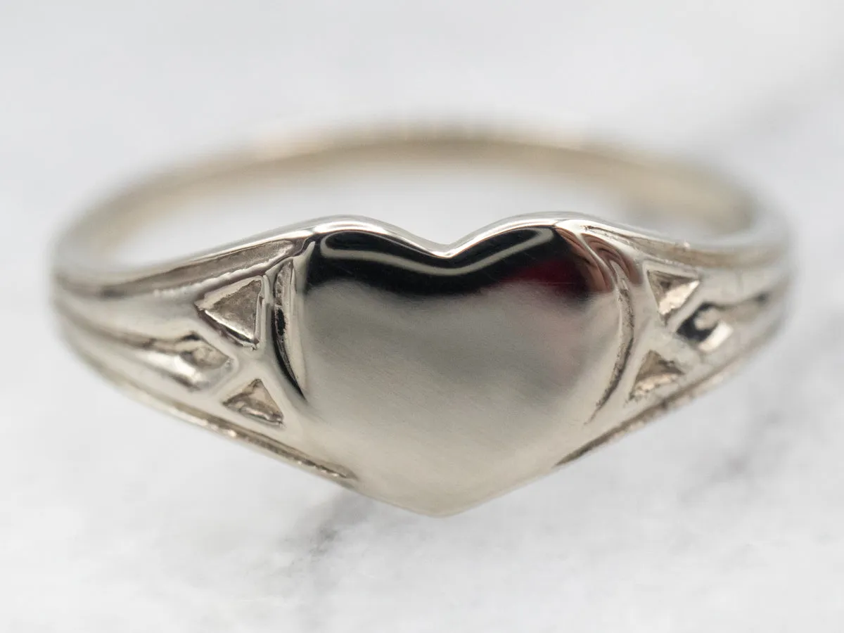 14K White Gold Vintage Heart Top Baby Signet Ring