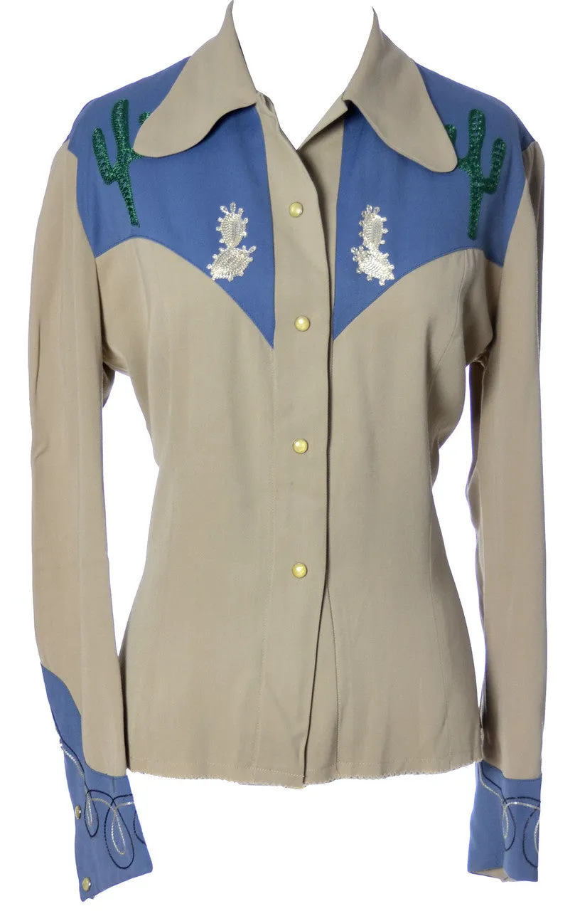 1940s Embroidered Vintage Western Cowgirl Gabardine Shirt