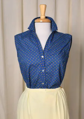 1950s Blue & Yellow Medallion Sleeveless Blouse