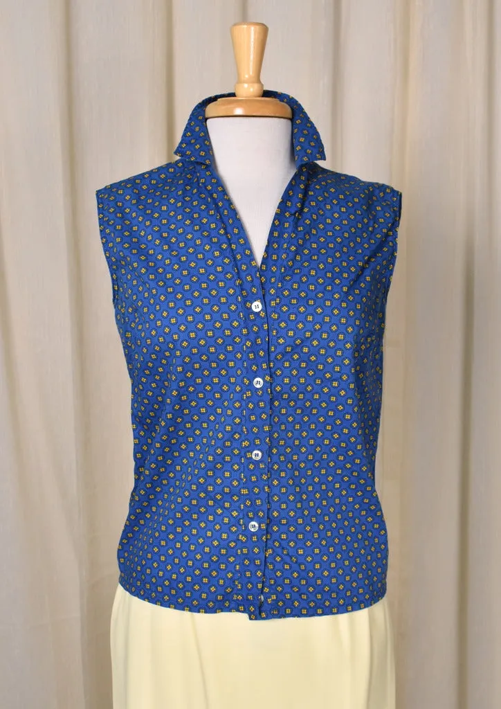 1950s Blue & Yellow Medallion Sleeveless Blouse