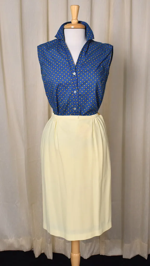 1950s Blue & Yellow Medallion Sleeveless Blouse