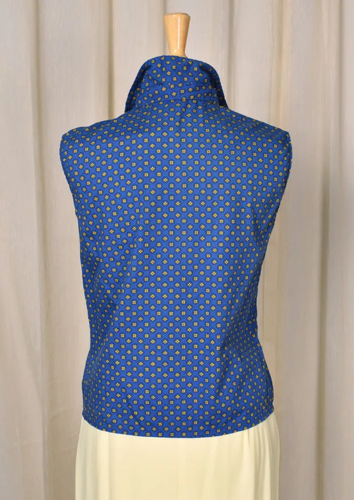 1950s Blue & Yellow Medallion Sleeveless Blouse