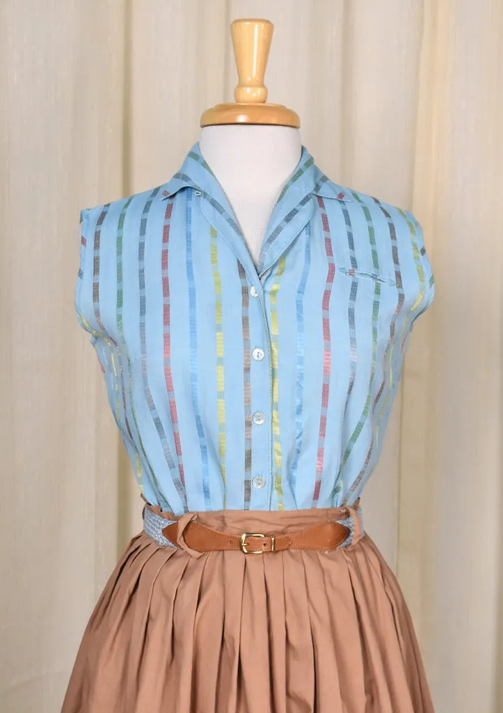 1950s Blue Iridescent Stripe Sleeveless Blouse