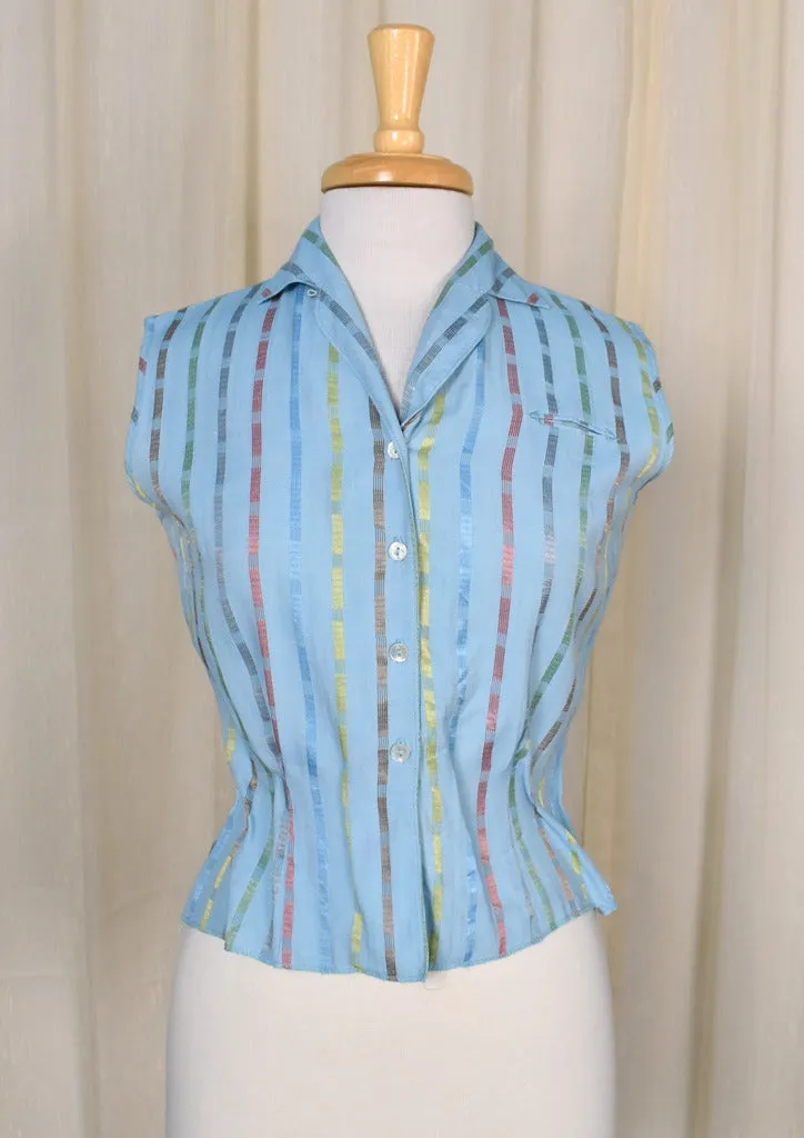 1950s Blue Iridescent Stripe Sleeveless Blouse