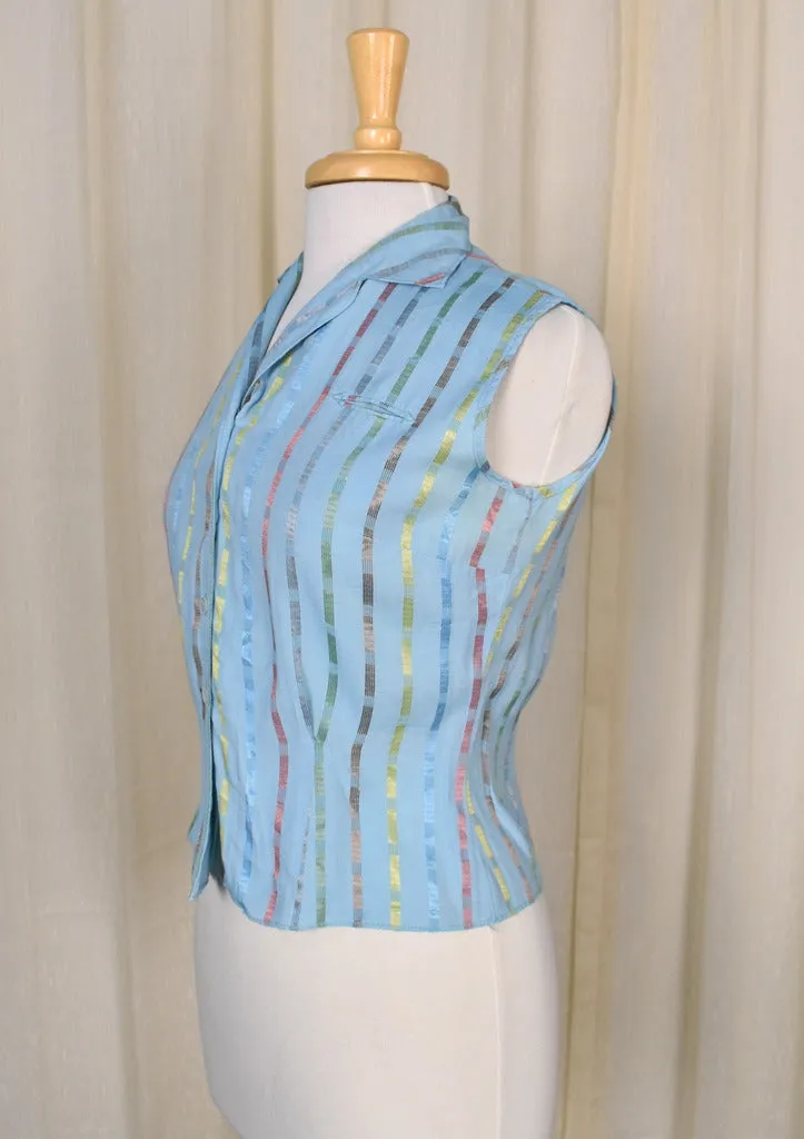 1950s Blue Iridescent Stripe Sleeveless Blouse