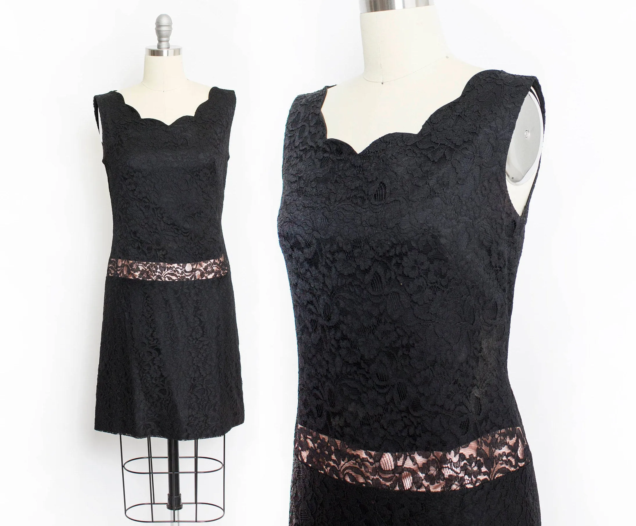 1960s Dress Black Lace Mod Shift S