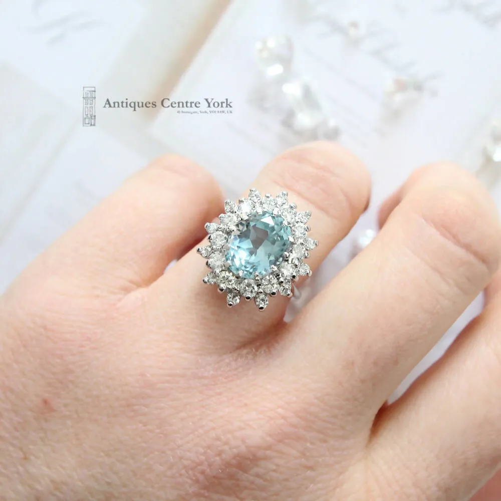 1970's 18ct White Gold Aquamarine & Diamond Cluster