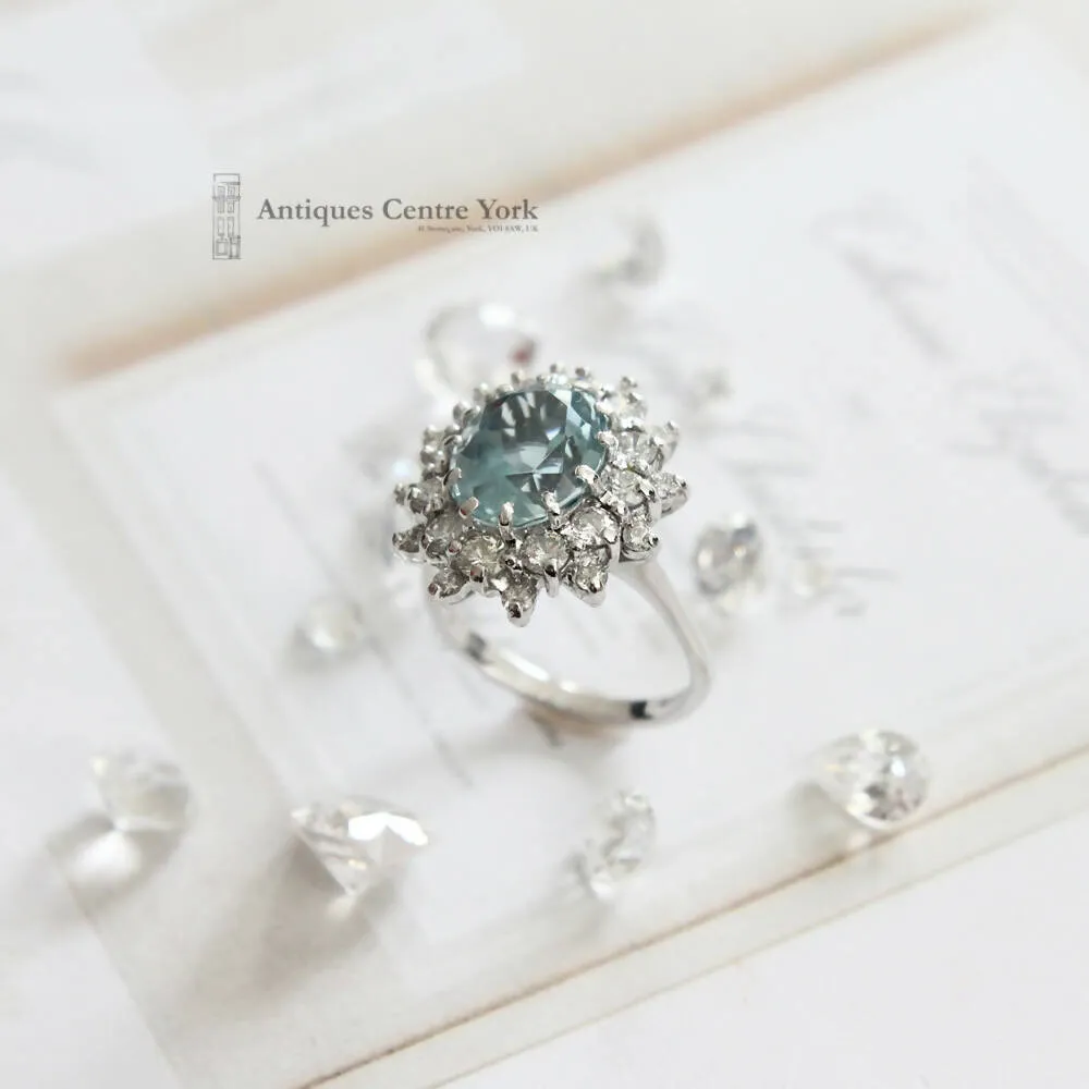 1970's 18ct White Gold Aquamarine & Diamond Cluster