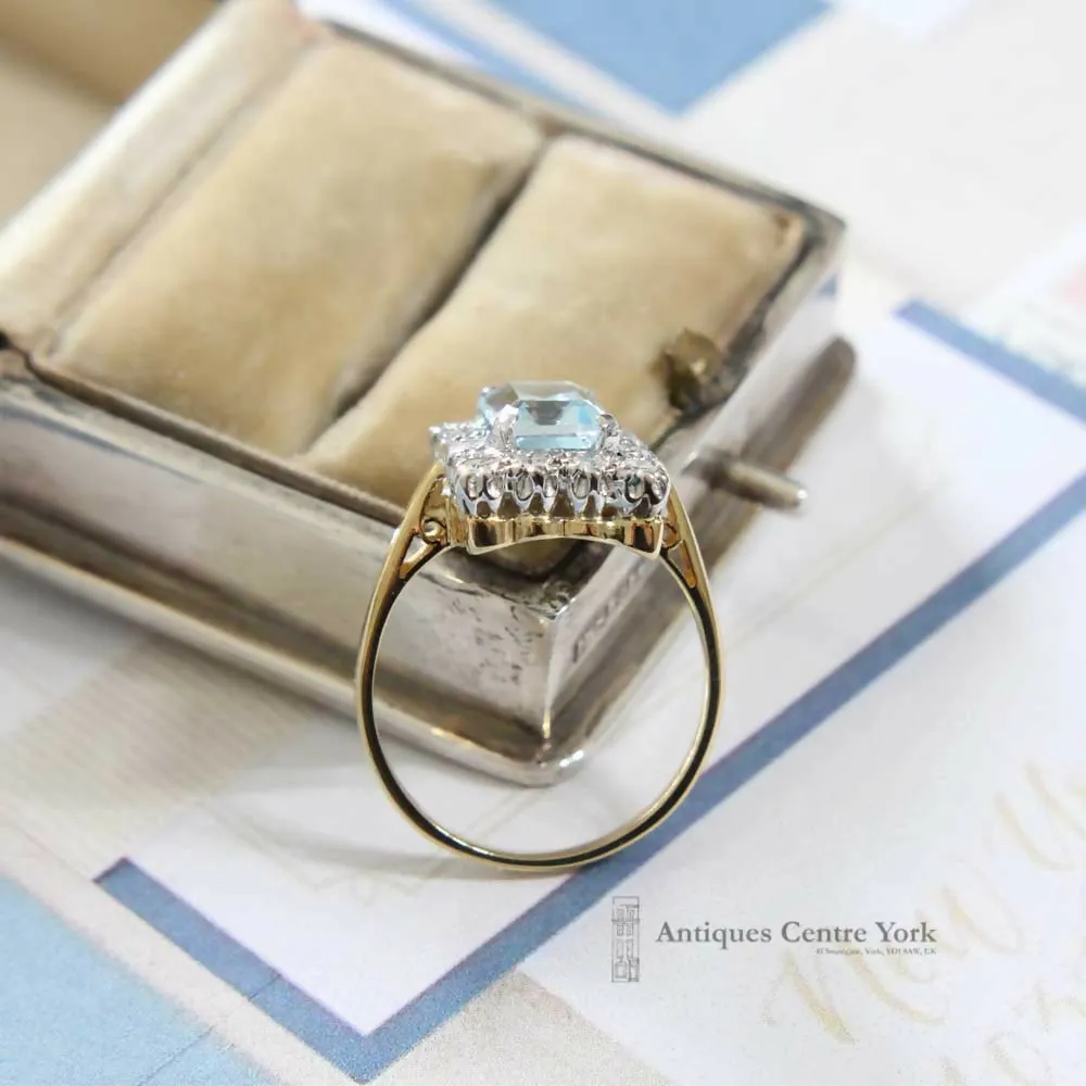 1980's 18ct Blue Topaz & Diamond Rectangular Cluster Ring