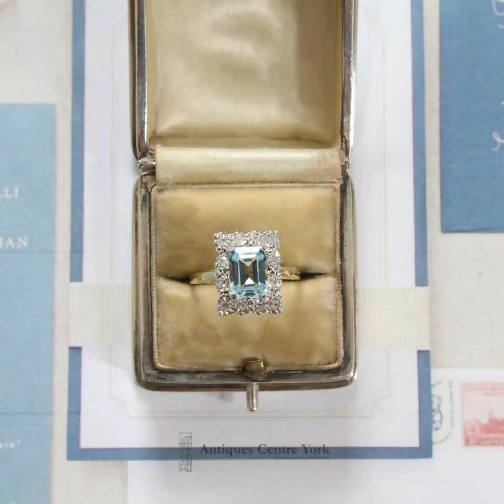 1980's 18ct Blue Topaz & Diamond Rectangular Cluster Ring