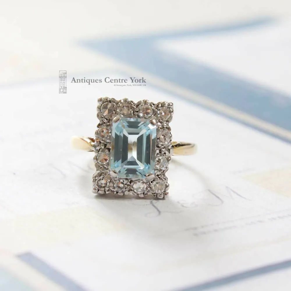 1980's 18ct Blue Topaz & Diamond Rectangular Cluster Ring