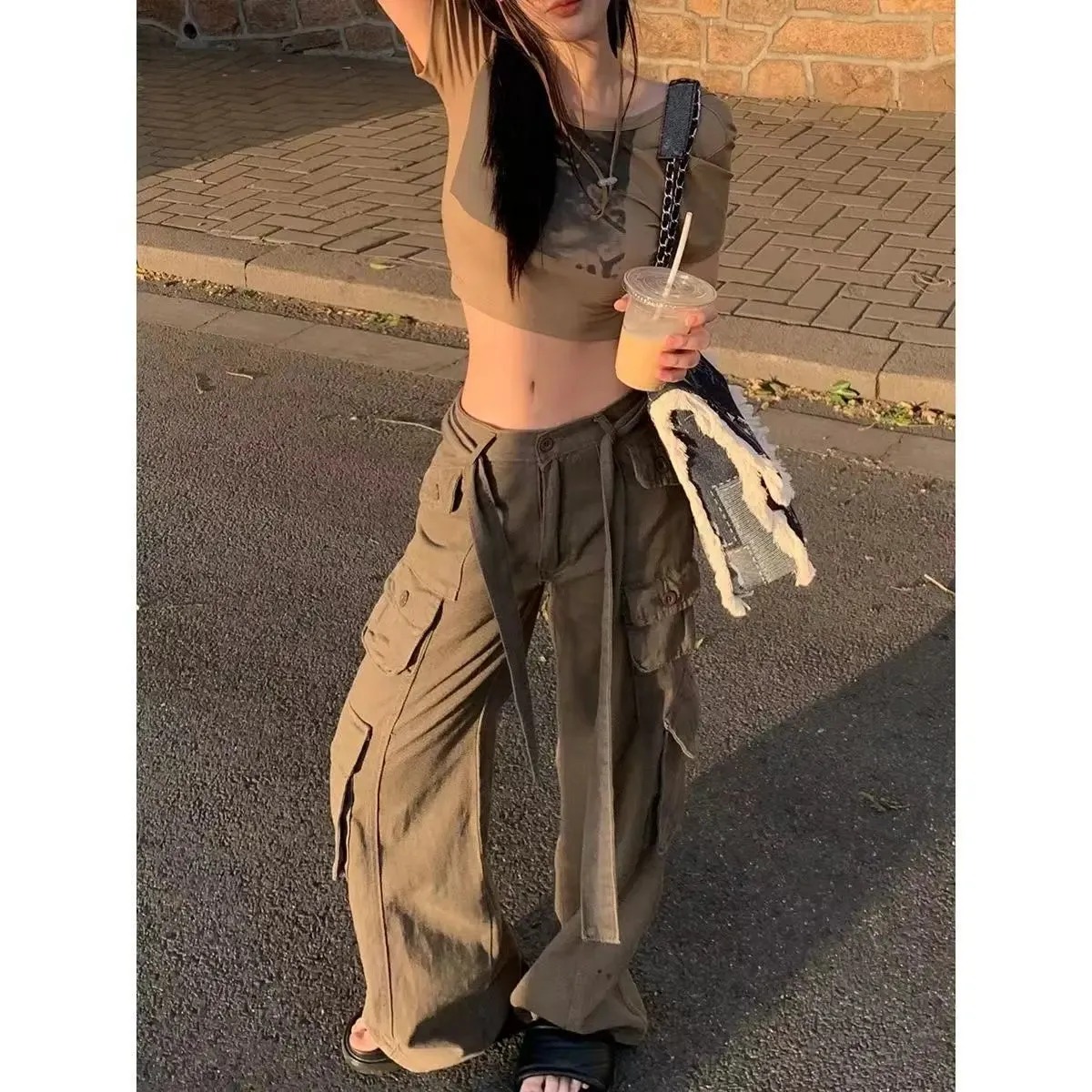 Advbridge  vintage streetwear gray overalls wide leg cargo women pants Retro women's trousers sexy low waist loose casual trousers