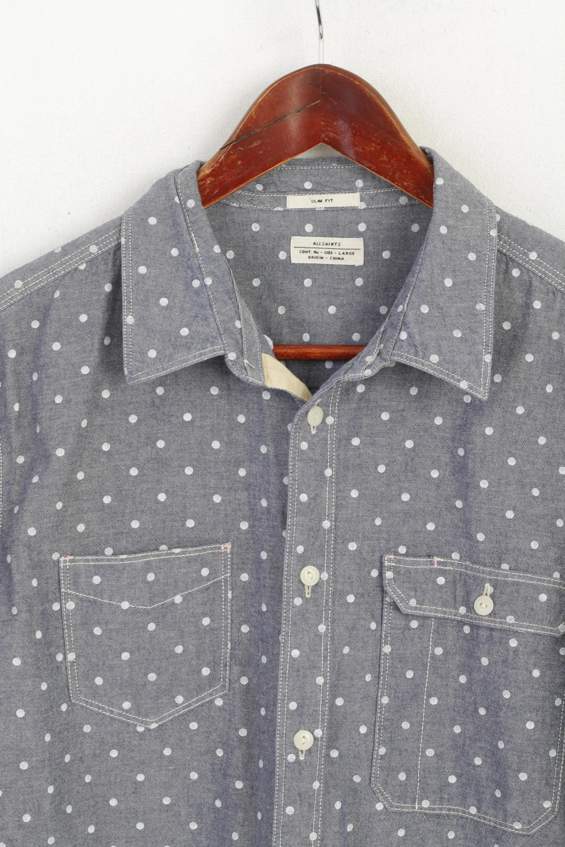 Allsaints Men L (M) Casual Shirt Blue Cotton Wash Dots Birkdale Long Sleeve Top