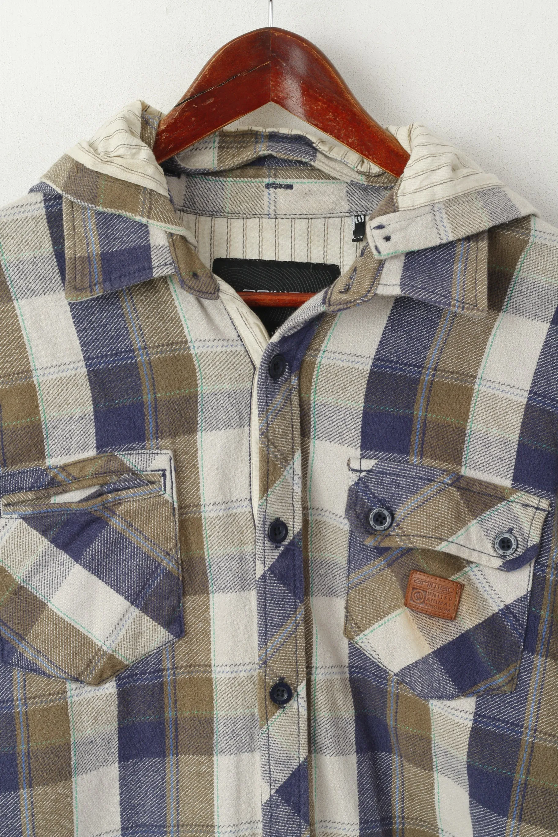 Animal Men L Casual Shirt Brown Check Cotton Flanel Detachable Hood Top