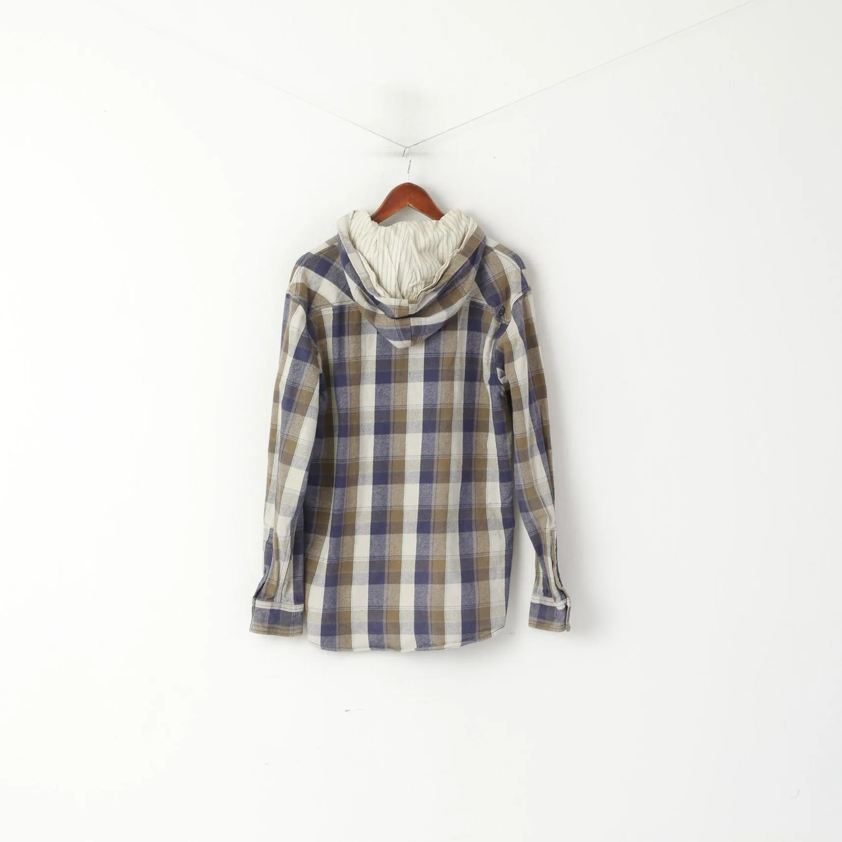 Animal Men L Casual Shirt Brown Check Cotton Flanel Detachable Hood Top