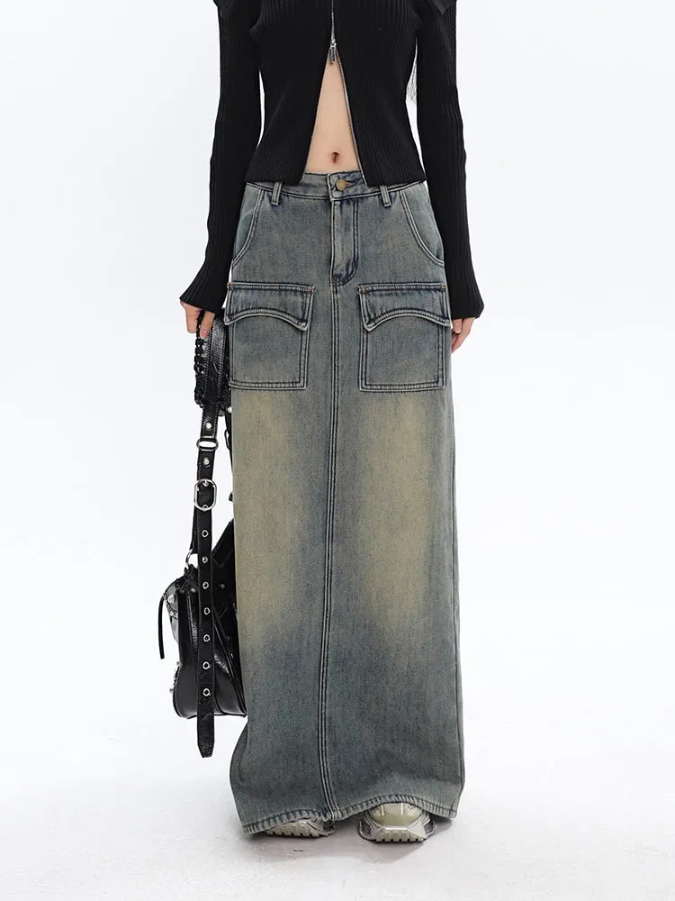 Aria Black Vintage Split Denim Midi Long Jeans Skirt