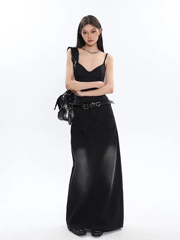 Aria Black Vintage Split Denim Midi Long Jeans Skirt