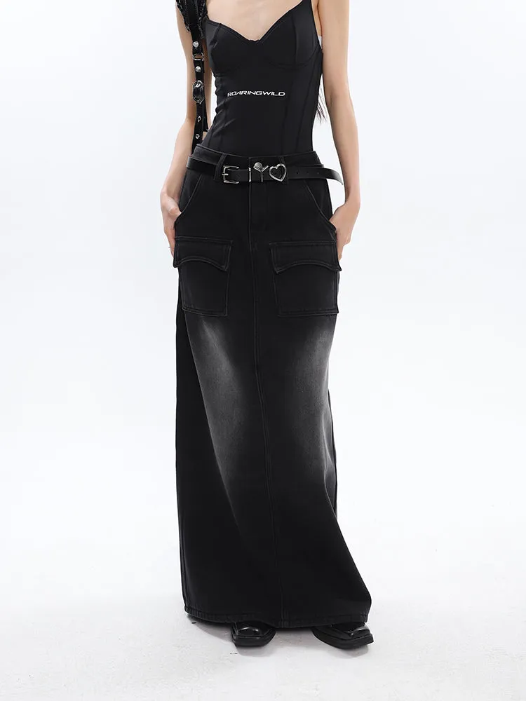 Aria Black Vintage Split Denim Midi Long Jeans Skirt