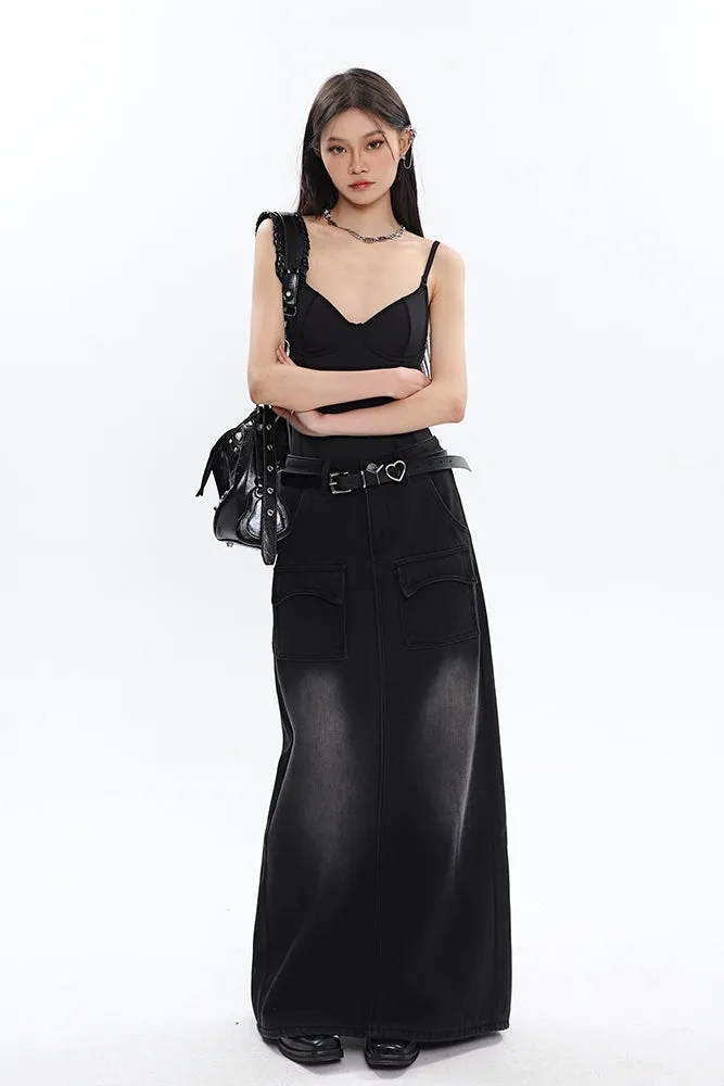 Aria Black Vintage Split Denim Midi Long Jeans Skirt