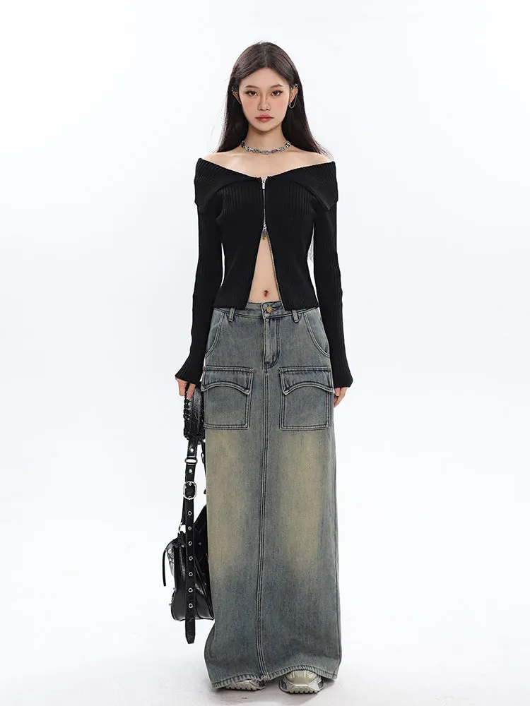 Aria Black Vintage Split Denim Midi Long Jeans Skirt