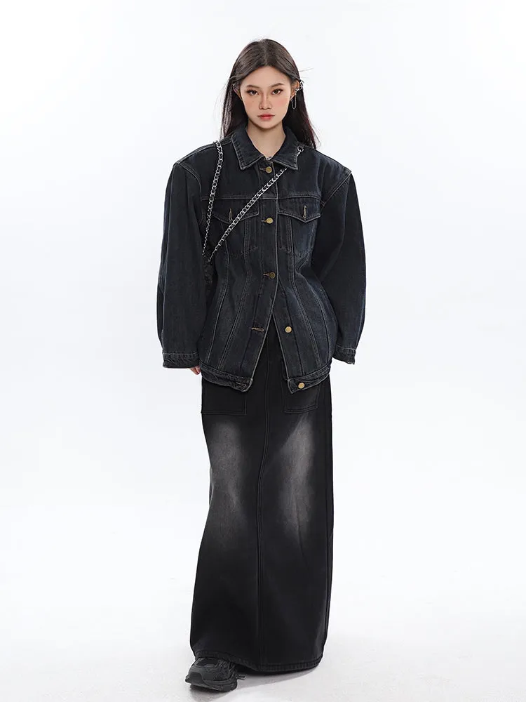 Aria Black Vintage Split Denim Midi Long Jeans Skirt