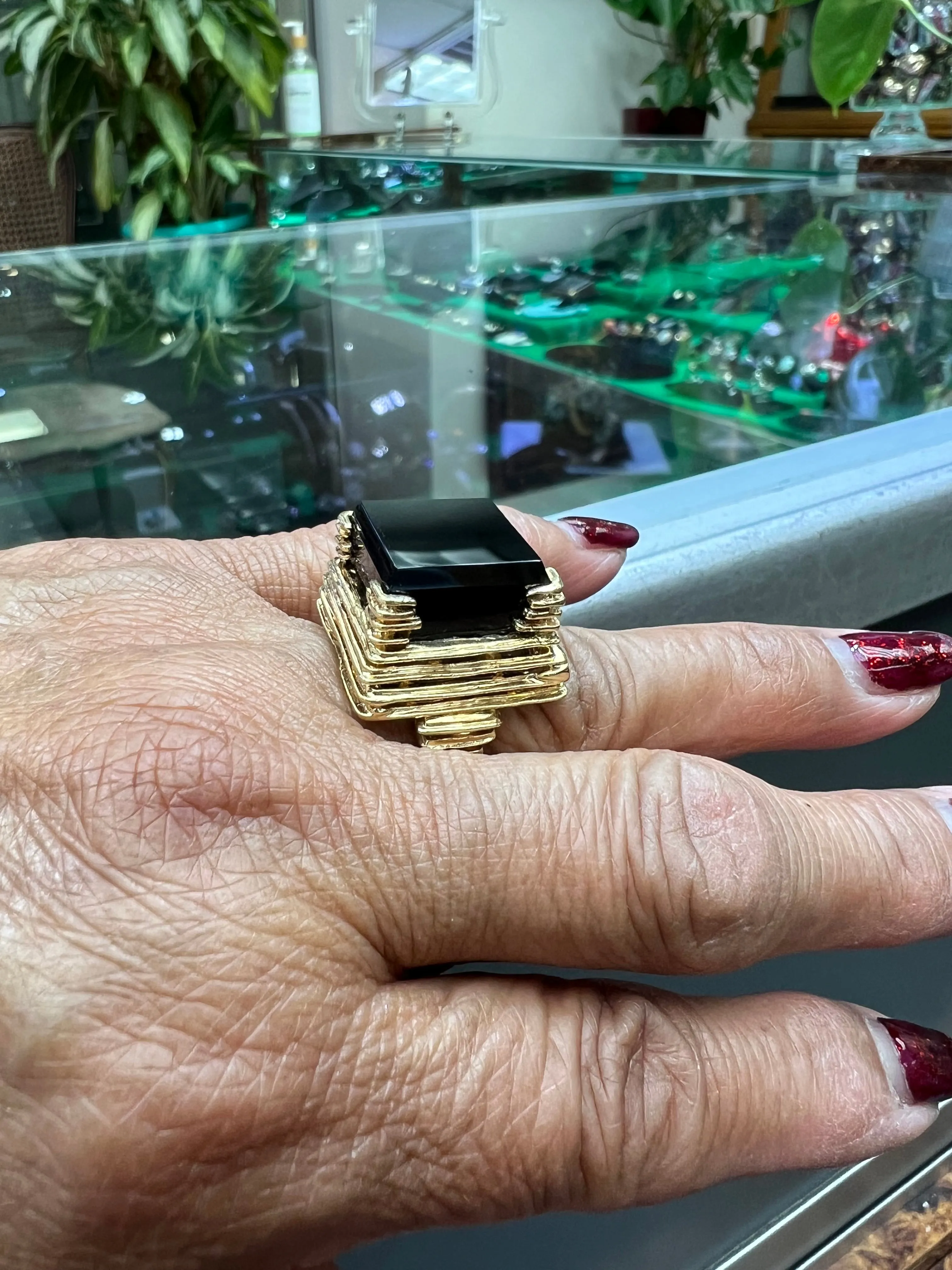 Black Onyx Square 14k Yellow Gold Ring By Goldmaster Circa 1970