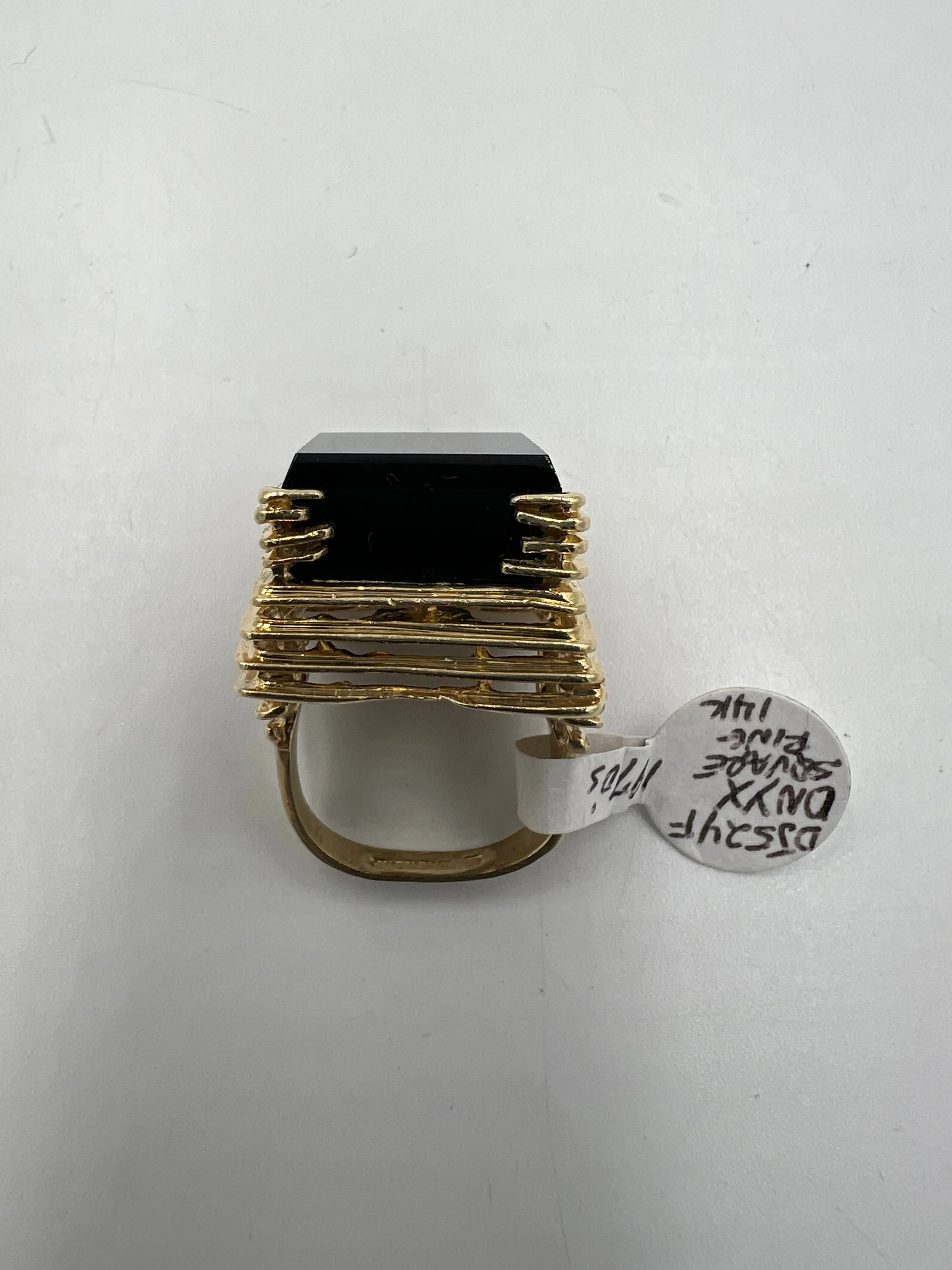 Black Onyx Square 14k Yellow Gold Ring By Goldmaster Circa 1970