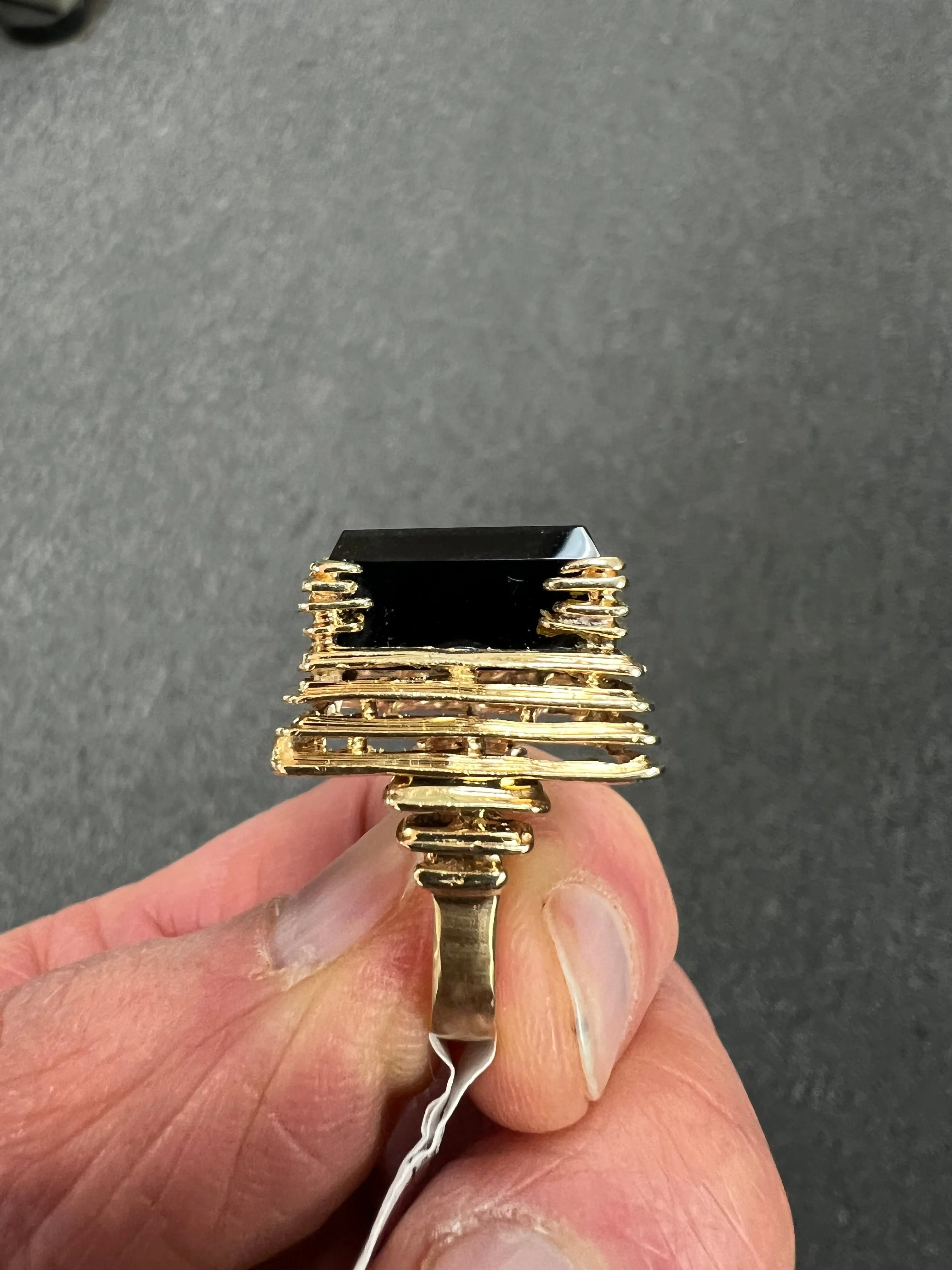 Black Onyx Square 14k Yellow Gold Ring By Goldmaster Circa 1970