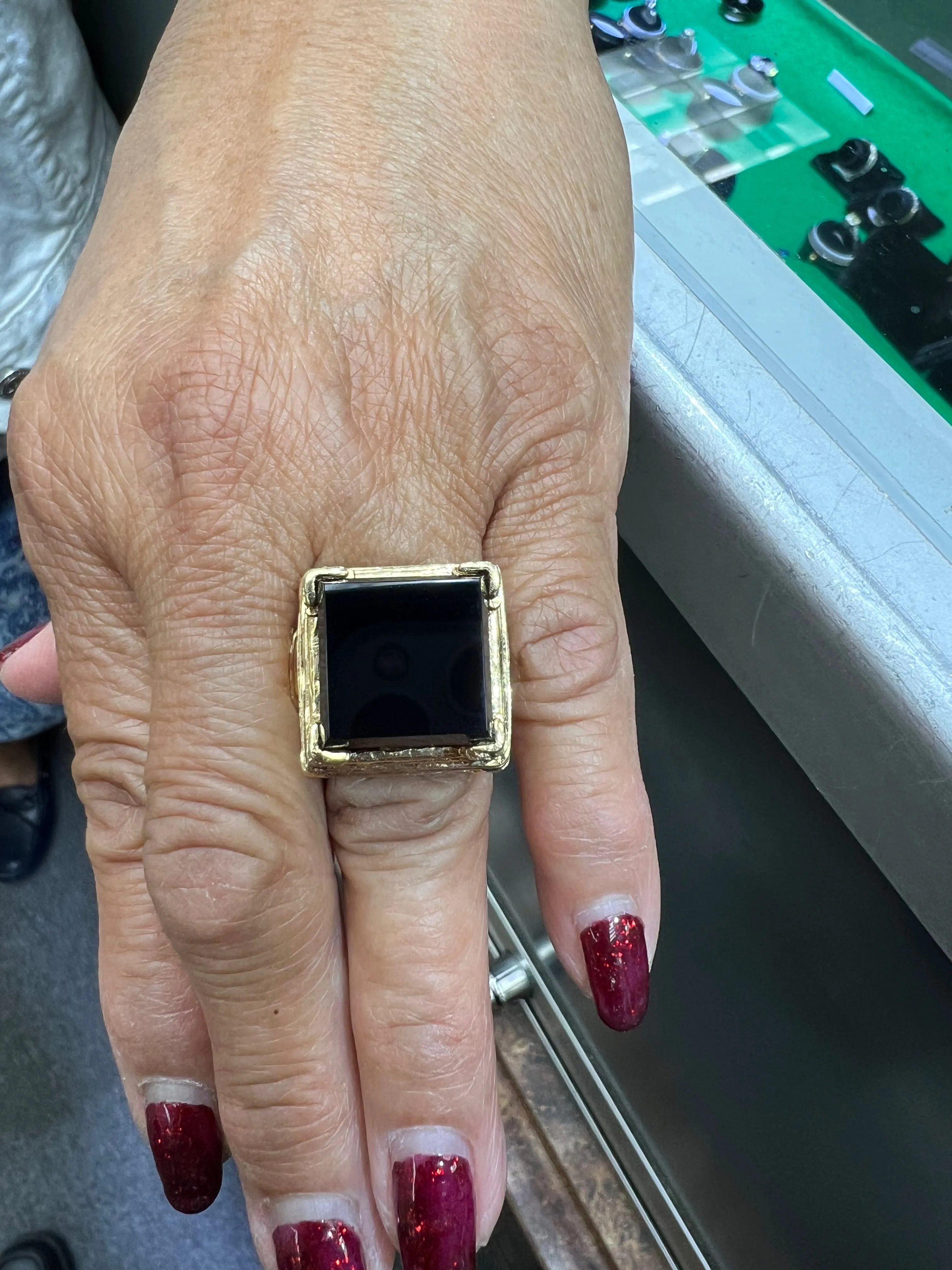 Black Onyx Square 14k Yellow Gold Ring By Goldmaster Circa 1970