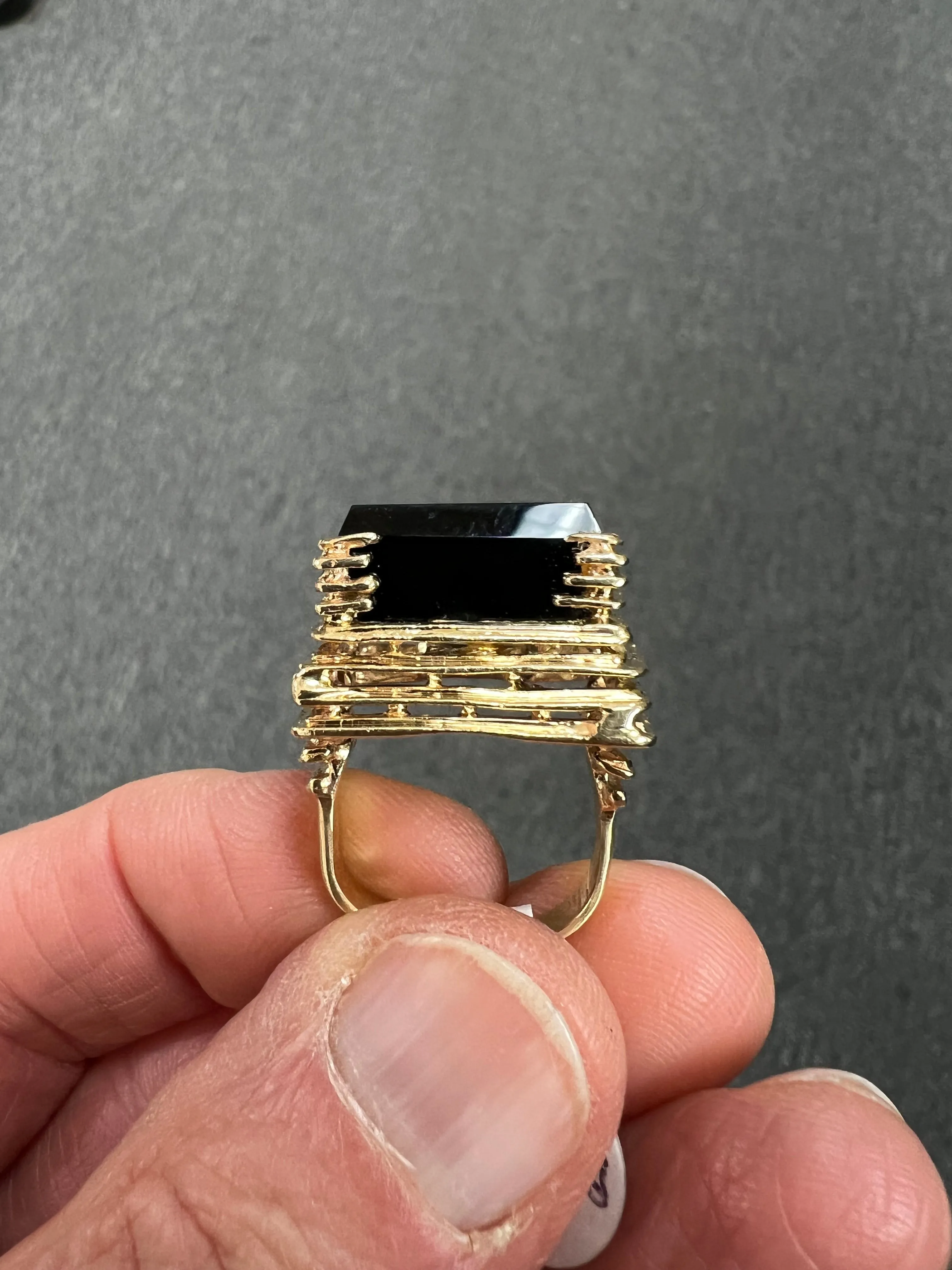 Black Onyx Square 14k Yellow Gold Ring By Goldmaster Circa 1970