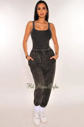 Black Vintage Wash Bodysuit Jogger Pants Two Piece Set