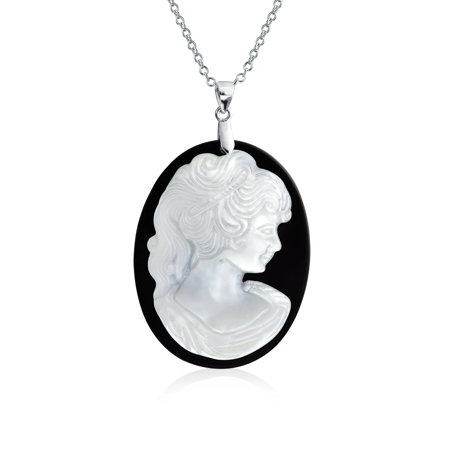 Black White Oval Victorian Lady Cameo Ring Pendant 925 Sterling Silver