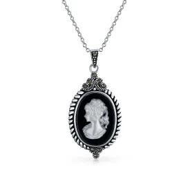 Black White Oval Victorian Lady Cameo Ring Pendant 925 Sterling Silver