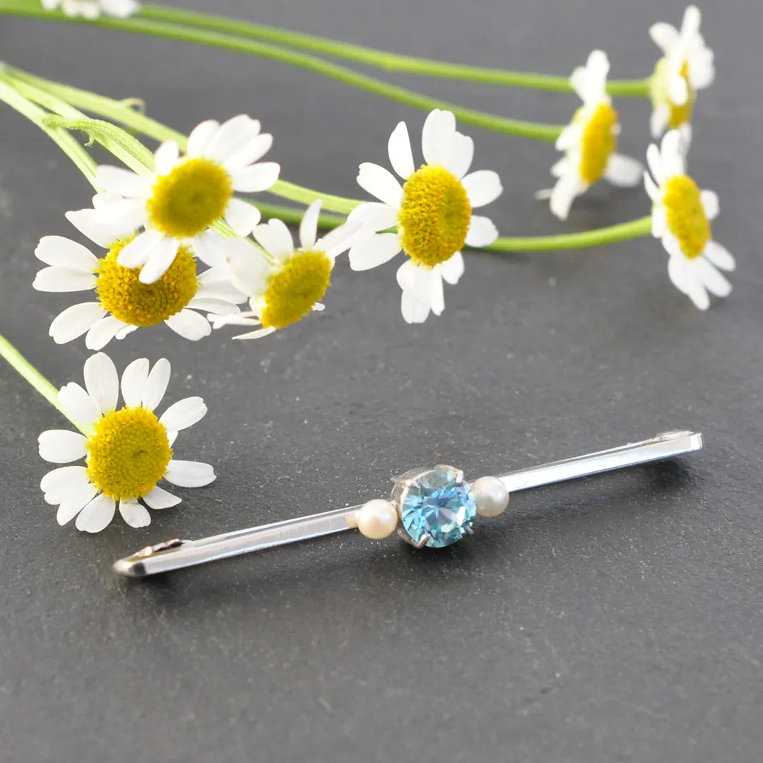 Blue Zircon & Pearl Stock Pin