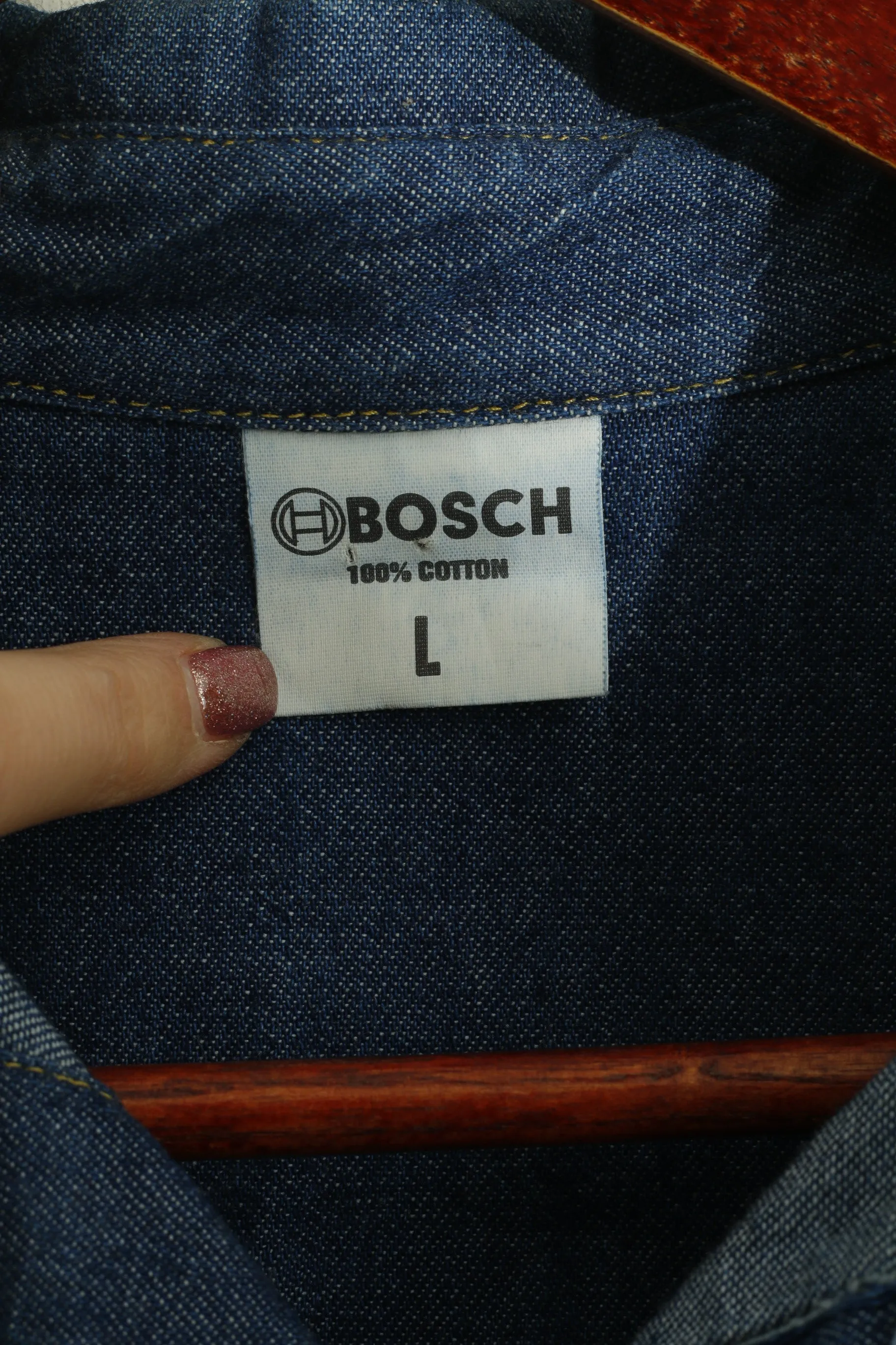 Bosch Men L Casual Shirt Navy Denim Cotton Workwear Long Sleeve Top