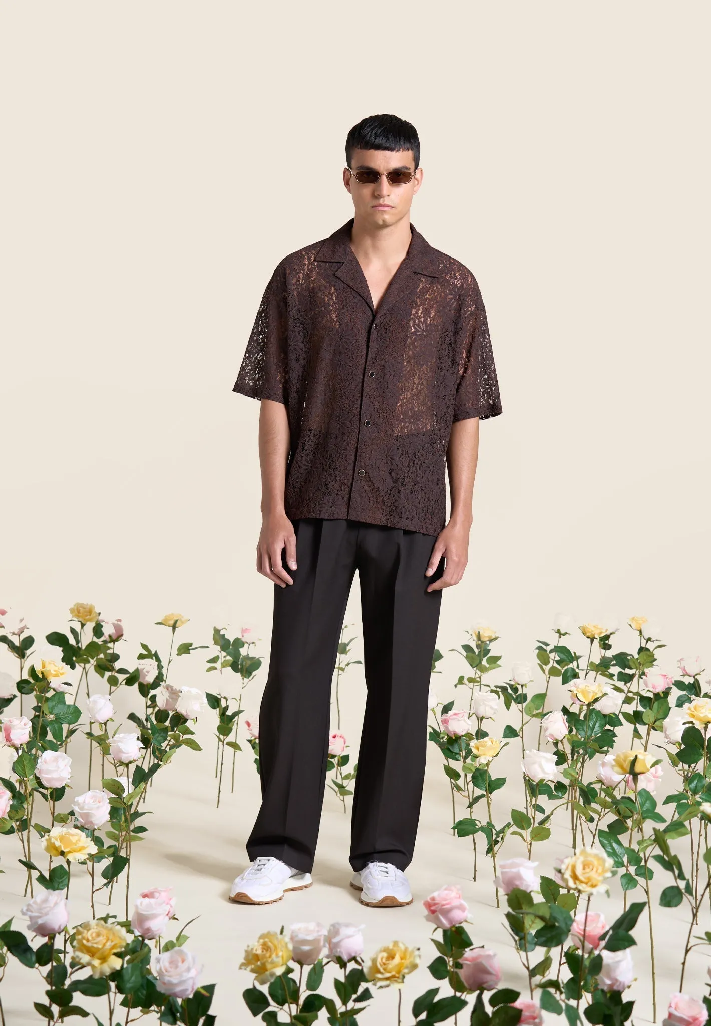 Boxy Lace Revere Shirt - Brown