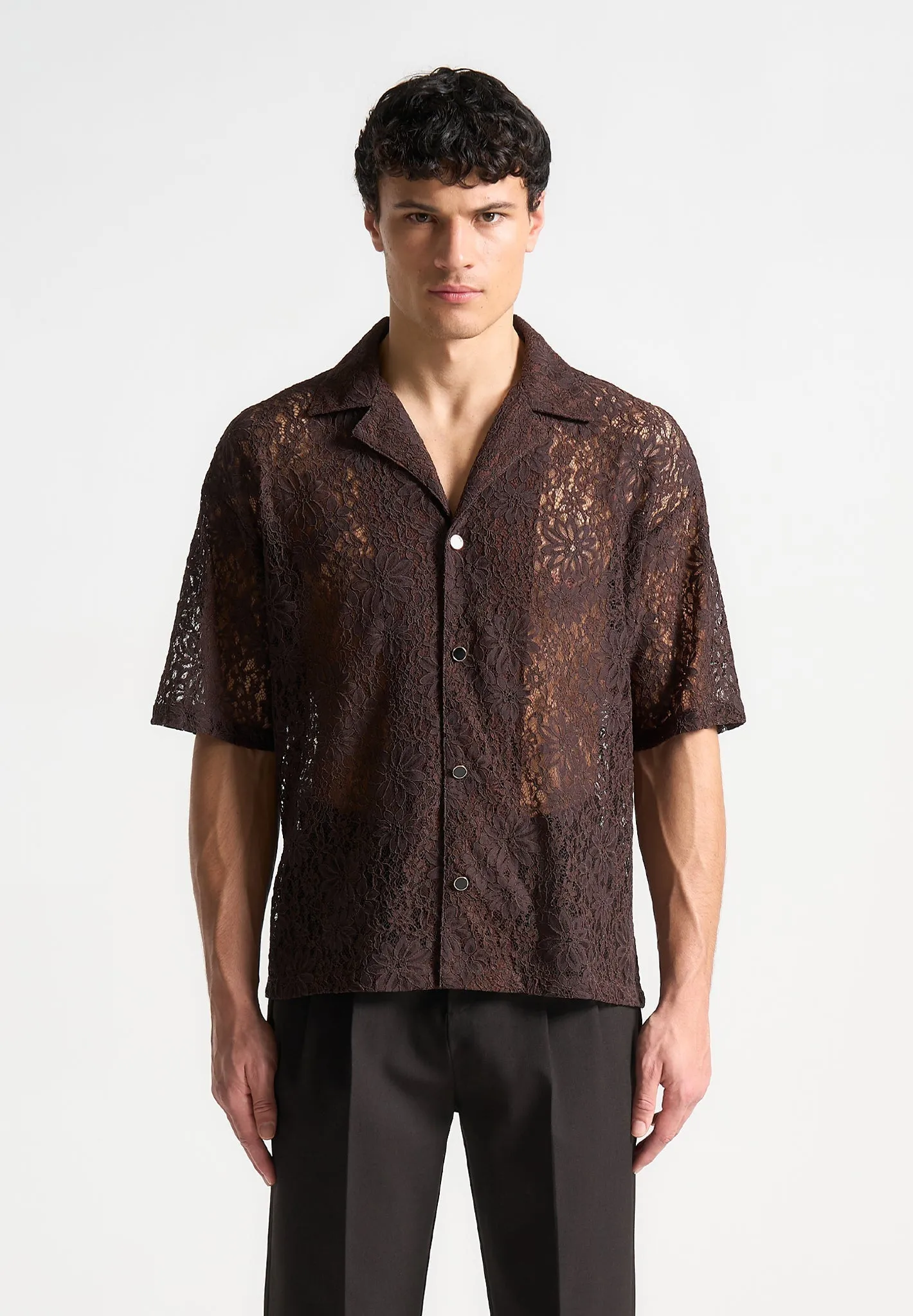 Boxy Lace Revere Shirt - Brown