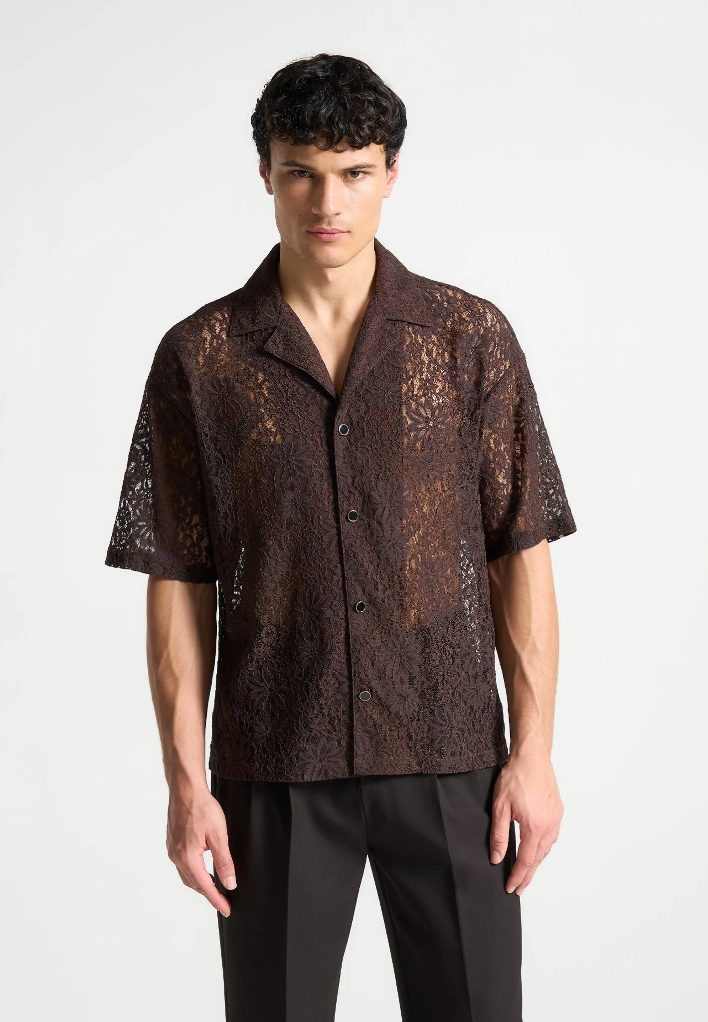 Boxy Lace Revere Shirt - Brown