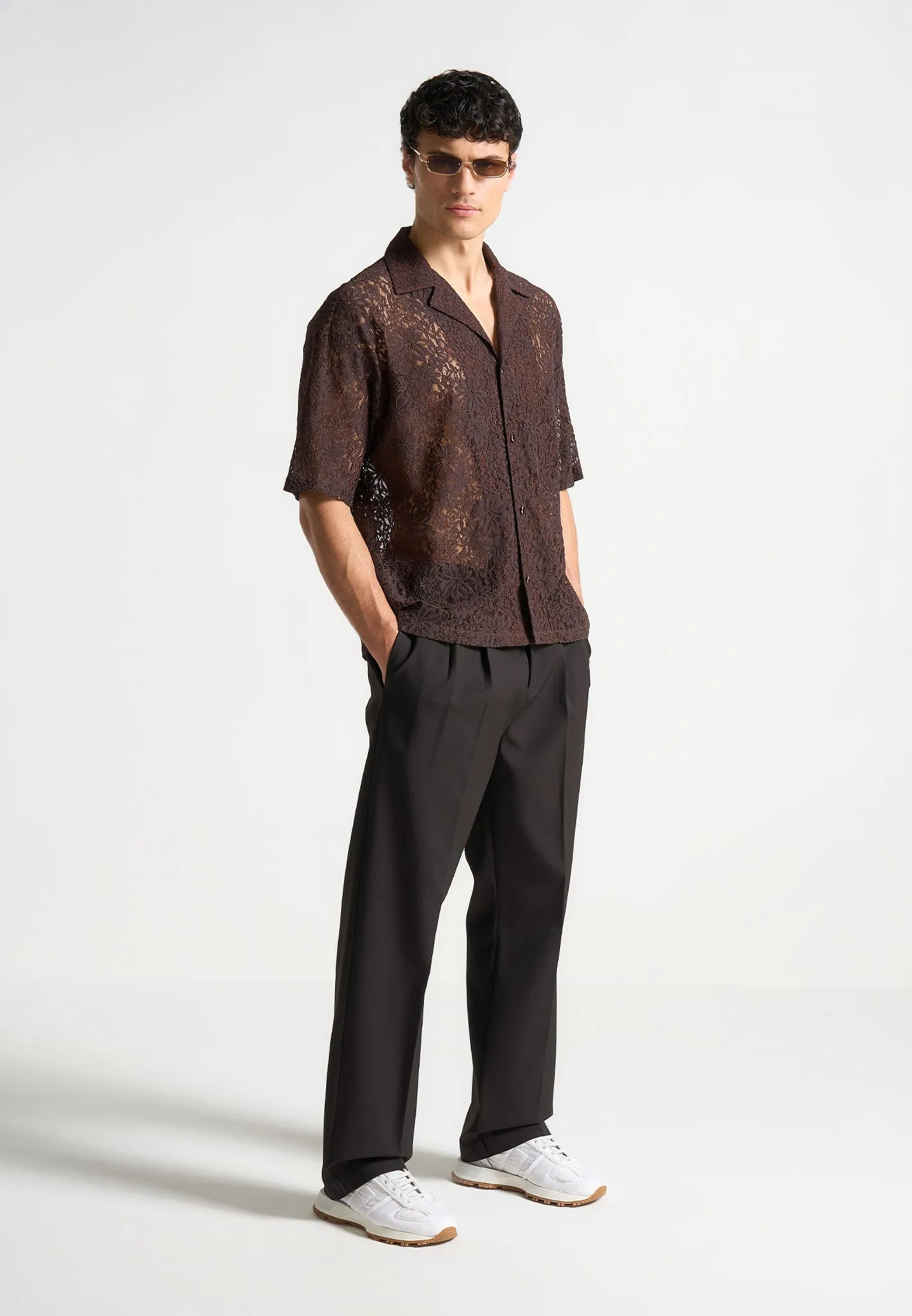 Boxy Lace Revere Shirt - Brown