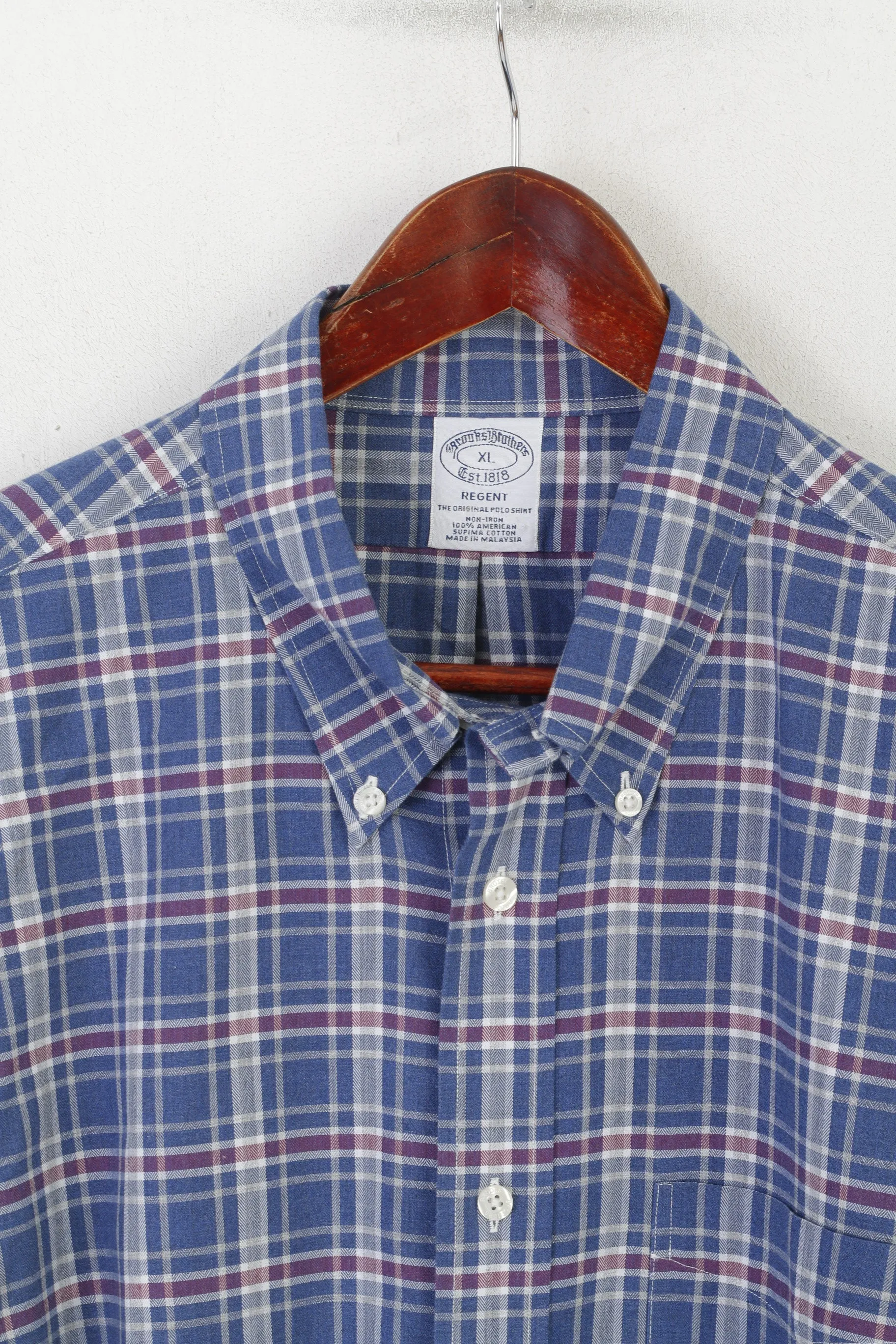 Brooks Brothers Men XL Casual Shirt Blue Check Cotton Regent Non Iron Long Sleeve Top