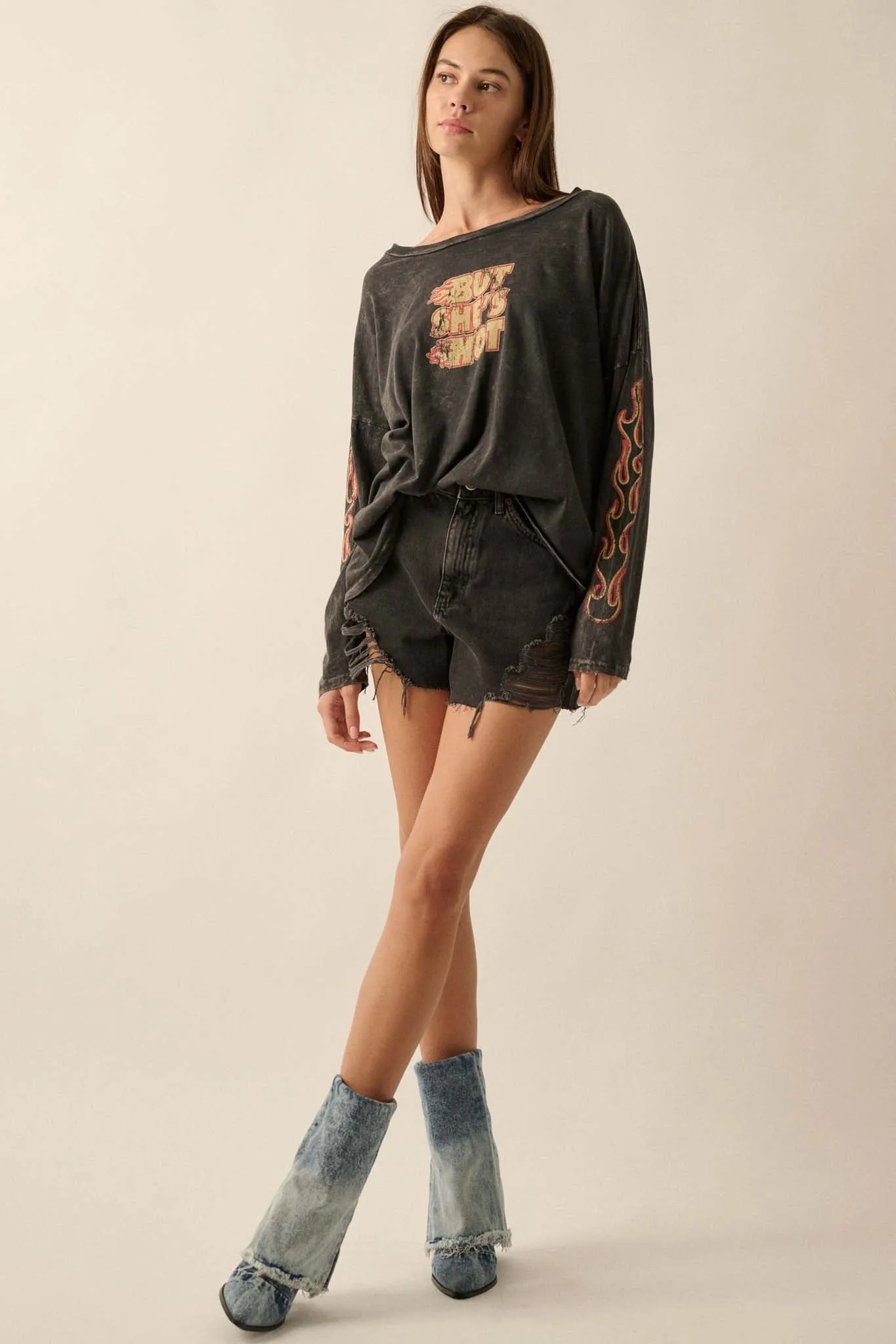 But She's Hot Vintage-Print Long-Sleeve Graphic Tee