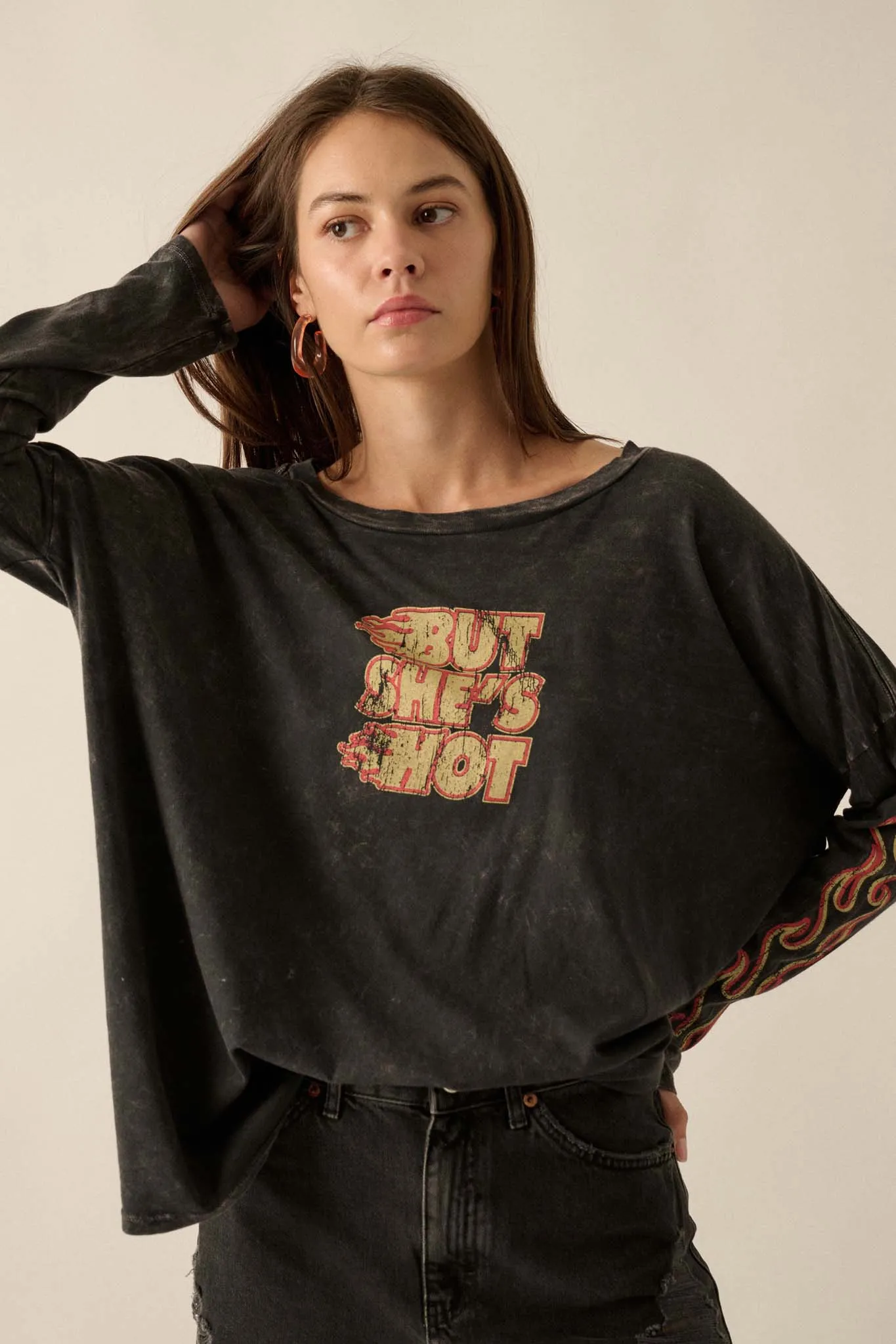 But She's Hot Vintage-Print Long-Sleeve Graphic Tee