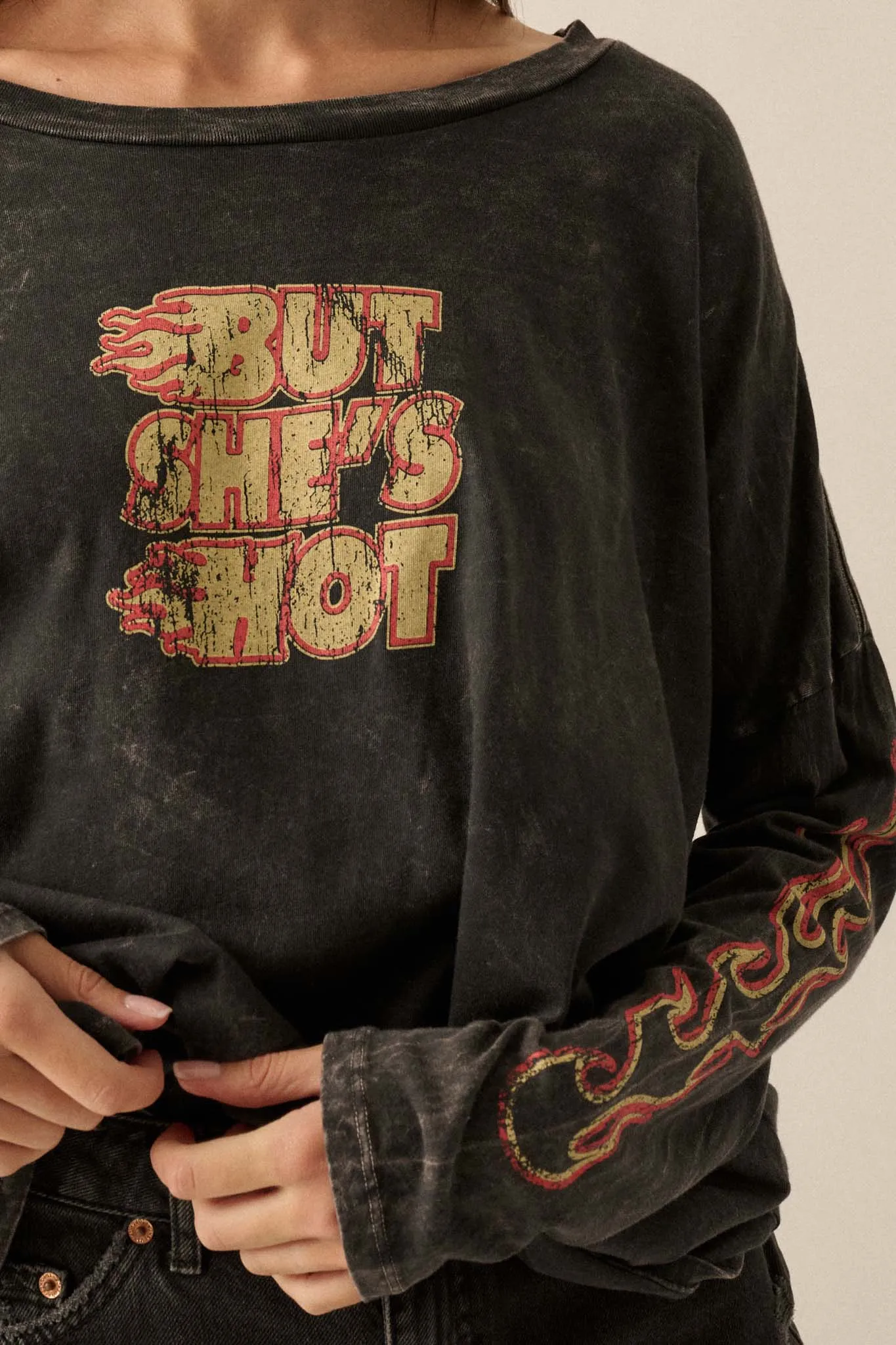 But She's Hot Vintage-Print Long-Sleeve Graphic Tee