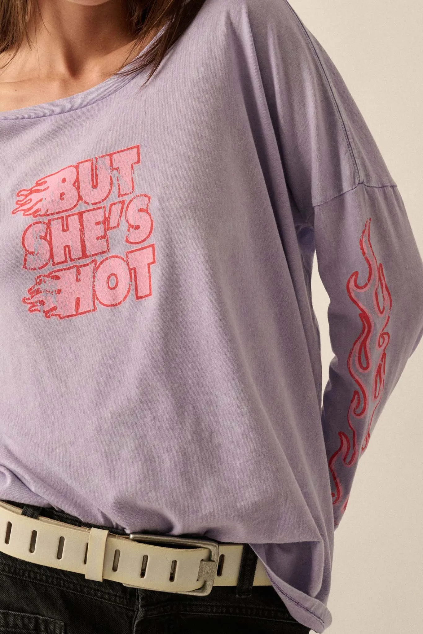 But She's Hot Vintage-Print Long-Sleeve Graphic Tee