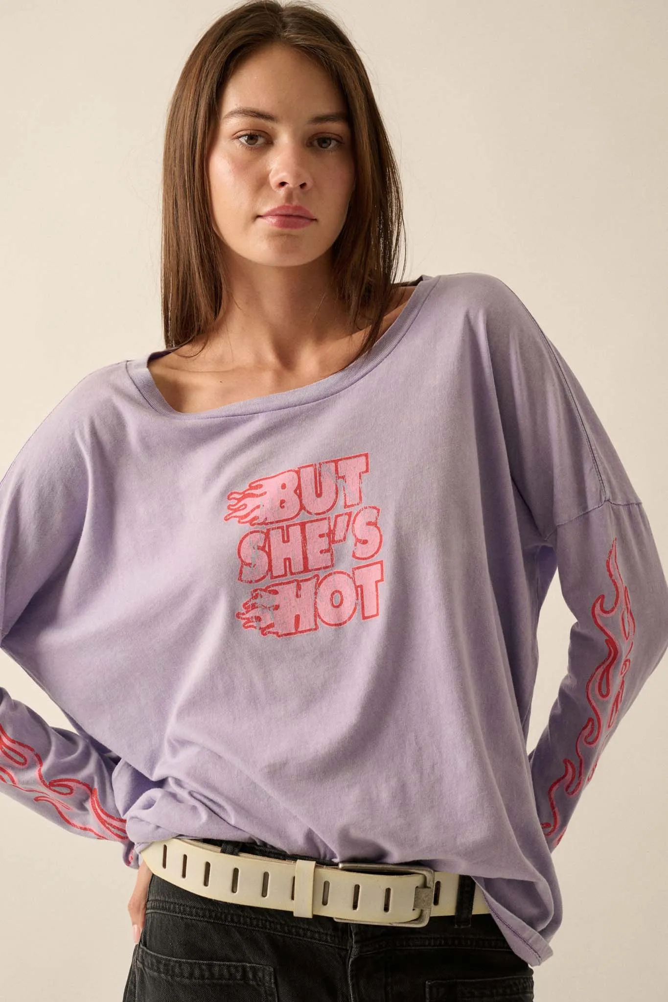 But She's Hot Vintage-Print Long-Sleeve Graphic Tee