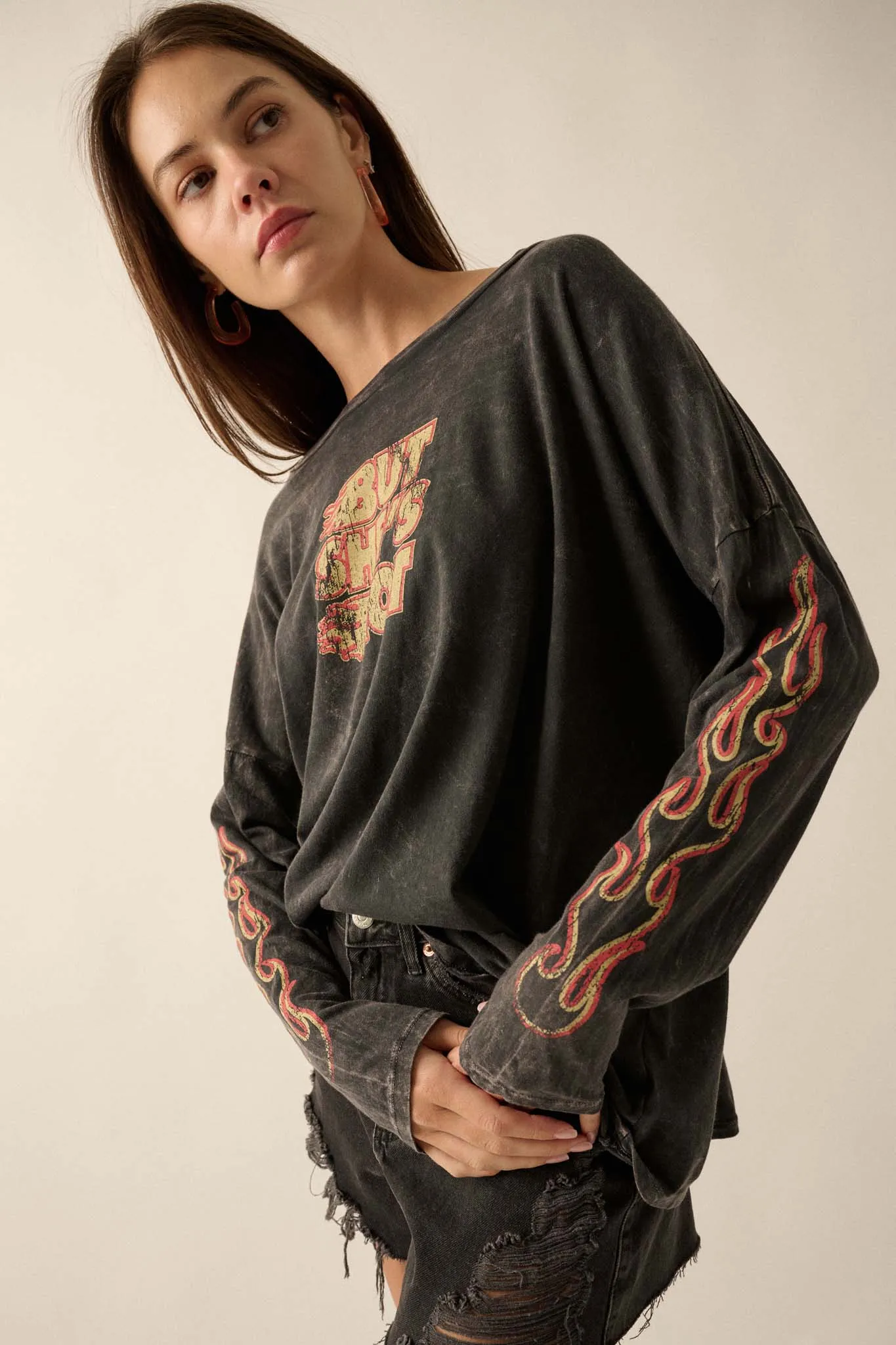 But She's Hot Vintage-Print Long-Sleeve Graphic Tee