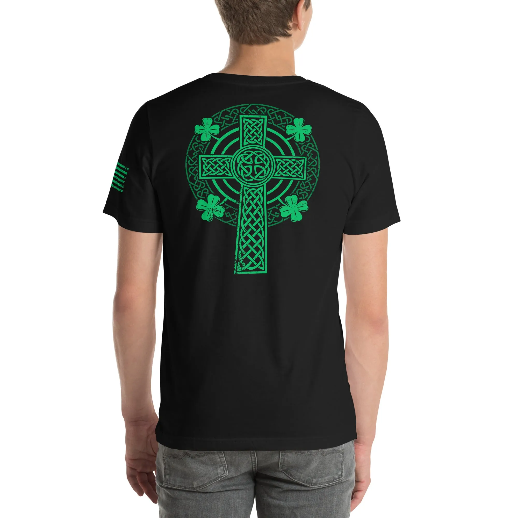 Celtic Cross T-Shirt With 4 Leaf Clover And American Flag t-shirt