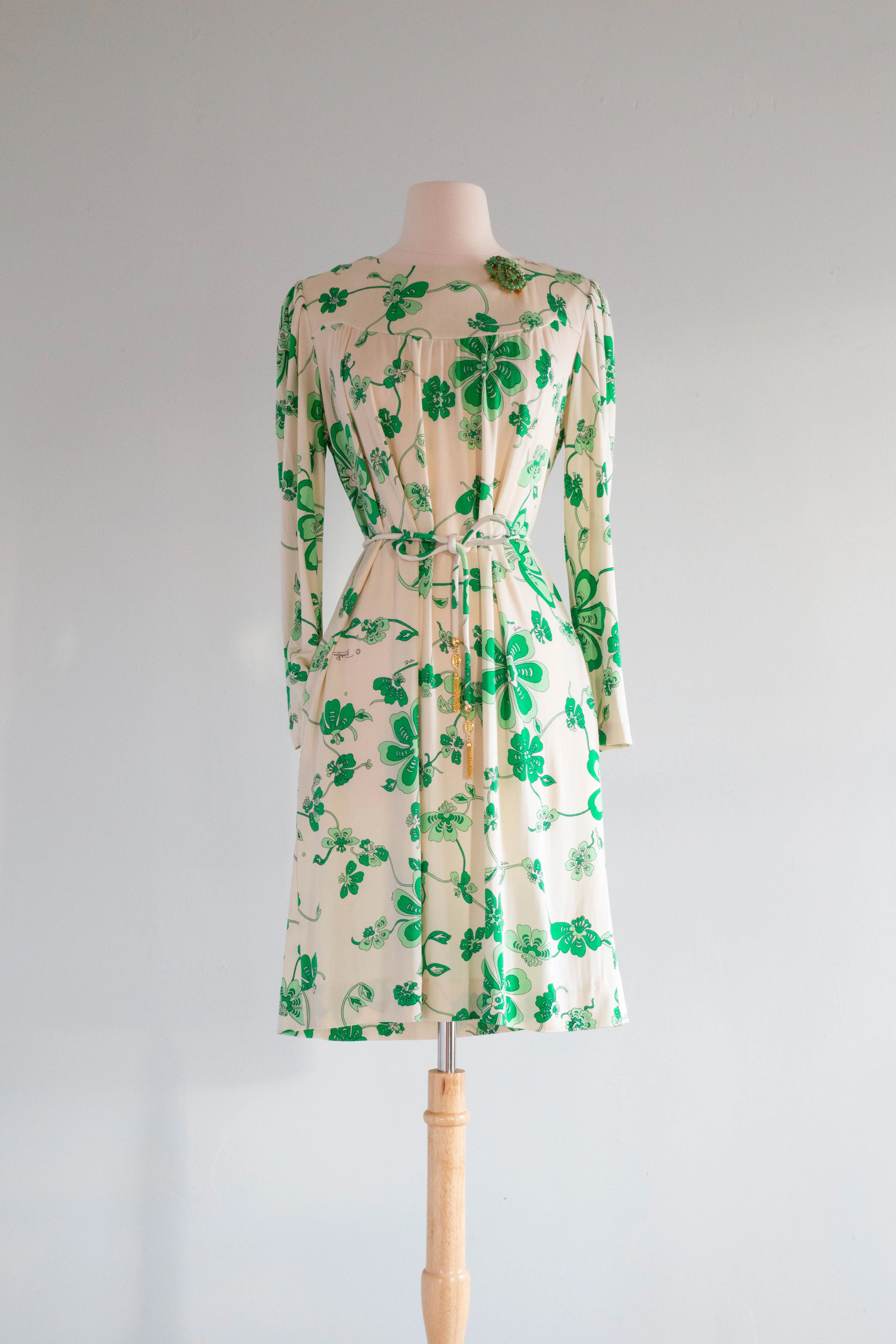 Chic Vintage Pucci Silk Jersey 1970's Green Clover Dress By Emilio Pucci / Medium