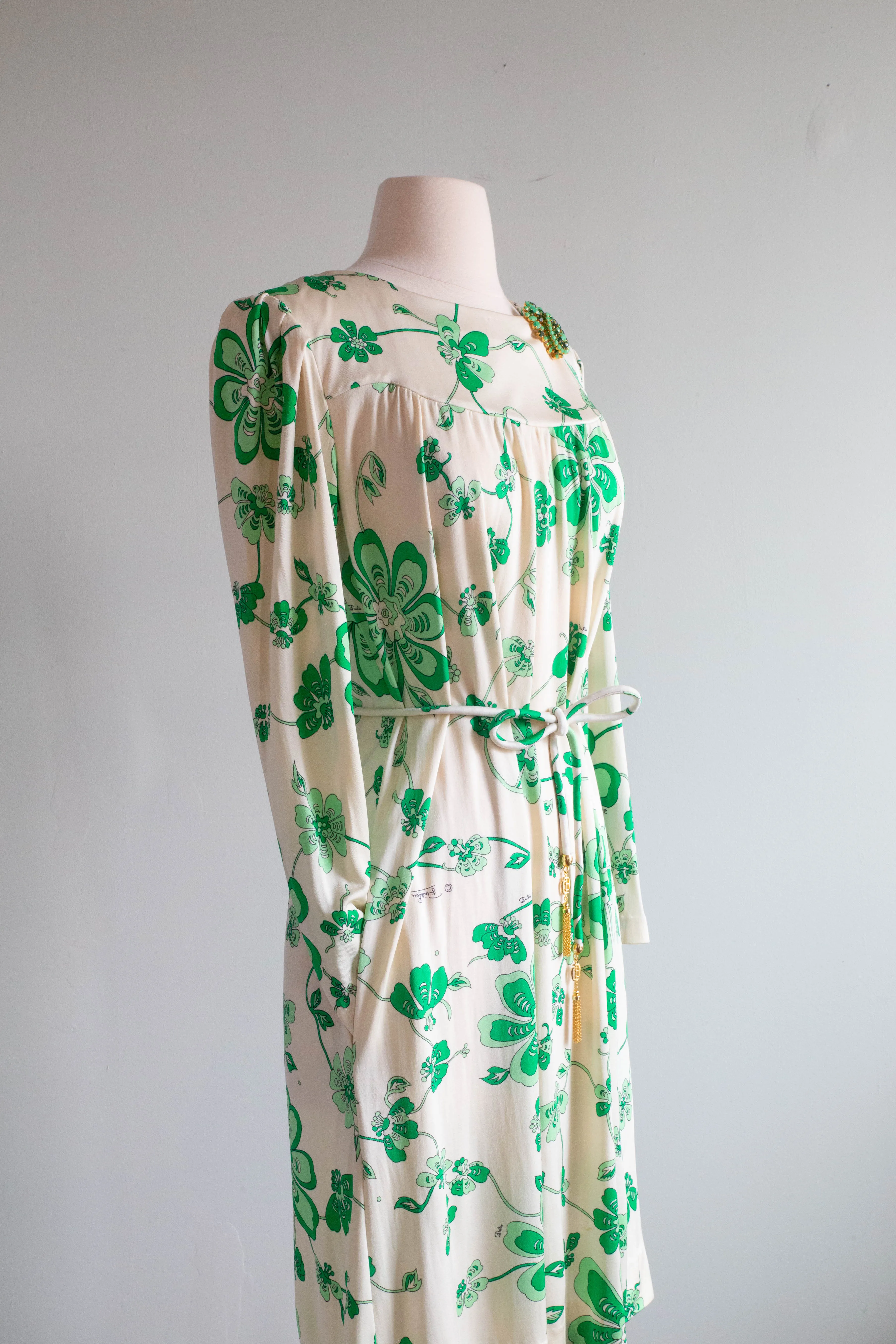 Chic Vintage Pucci Silk Jersey 1970's Green Clover Dress By Emilio Pucci / Medium