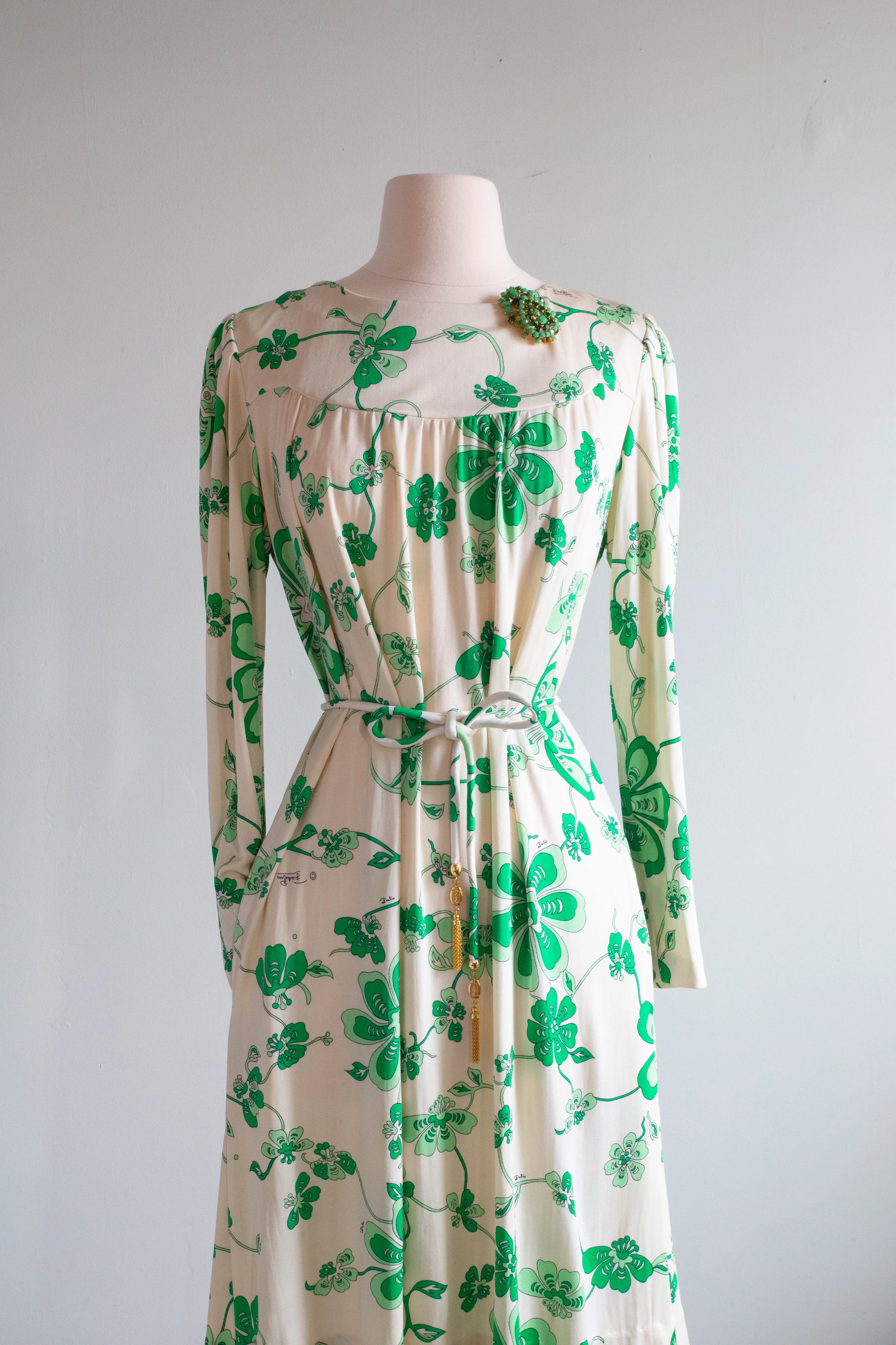 Chic Vintage Pucci Silk Jersey 1970's Green Clover Dress By Emilio Pucci / Medium